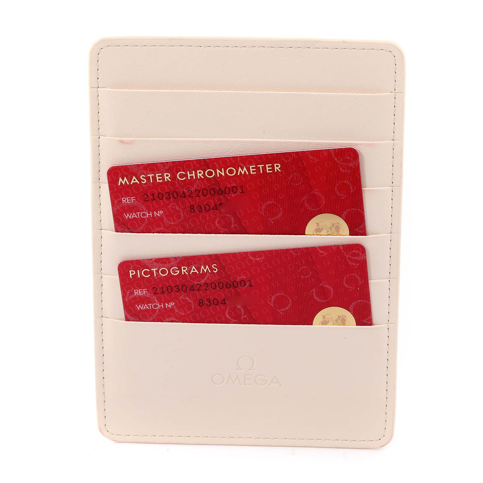 The image shows an Omega Seamaster 210.30.42.20.06.001 Men's Stainless Steel Grey Dial 210.30.42.20.06.001 Men's Stainless Steel Grey Dial cardholder with Master Chronometer and Pictograms cards.