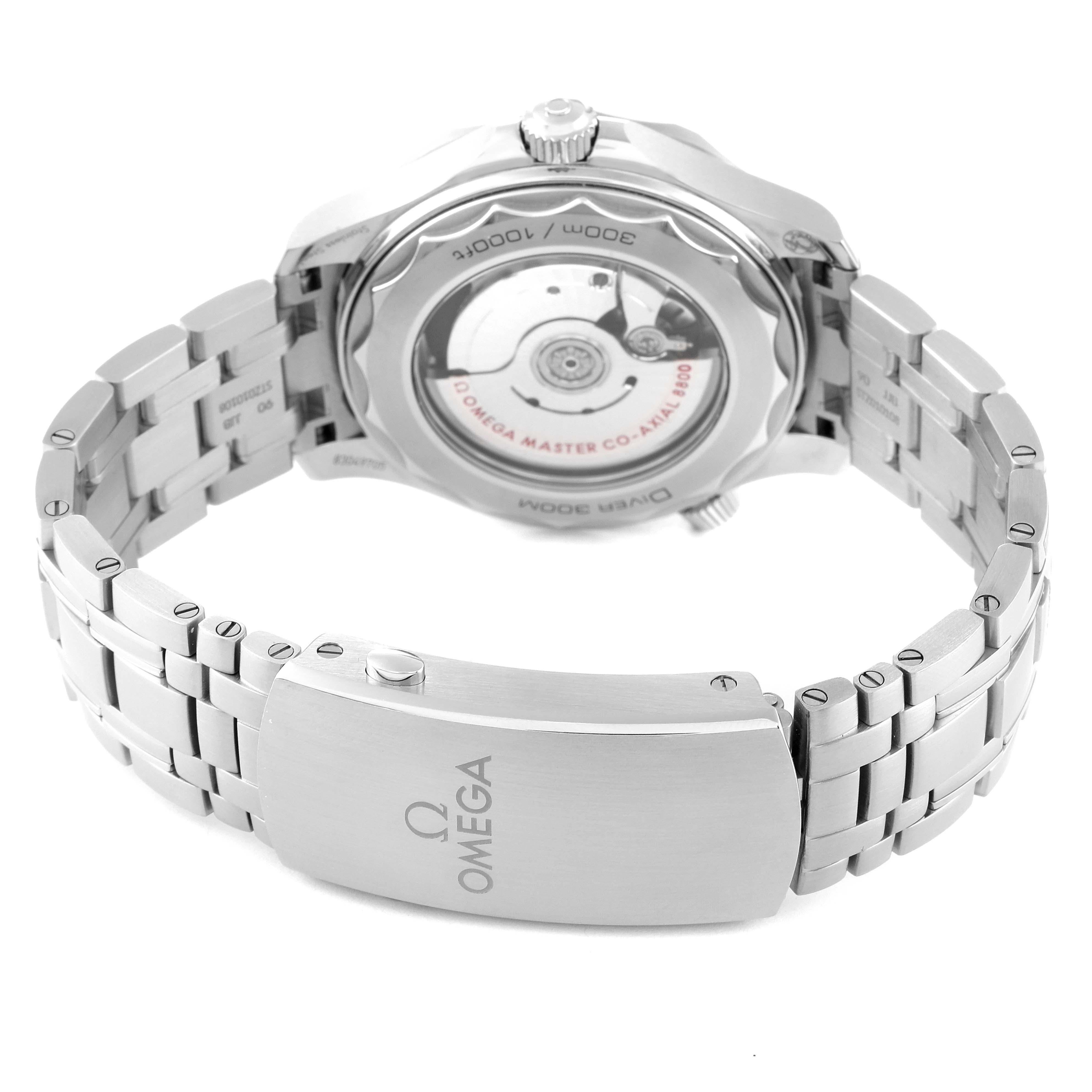 This image shows the back view of an Omega Seamaster 210.30.42.20.06.001 Men's Stainless Steel Grey Dial 210.30.42.20.06.001 Men's Stainless Steel Grey Dial watch, highlighting its bracelet, clasp, and visible movement.