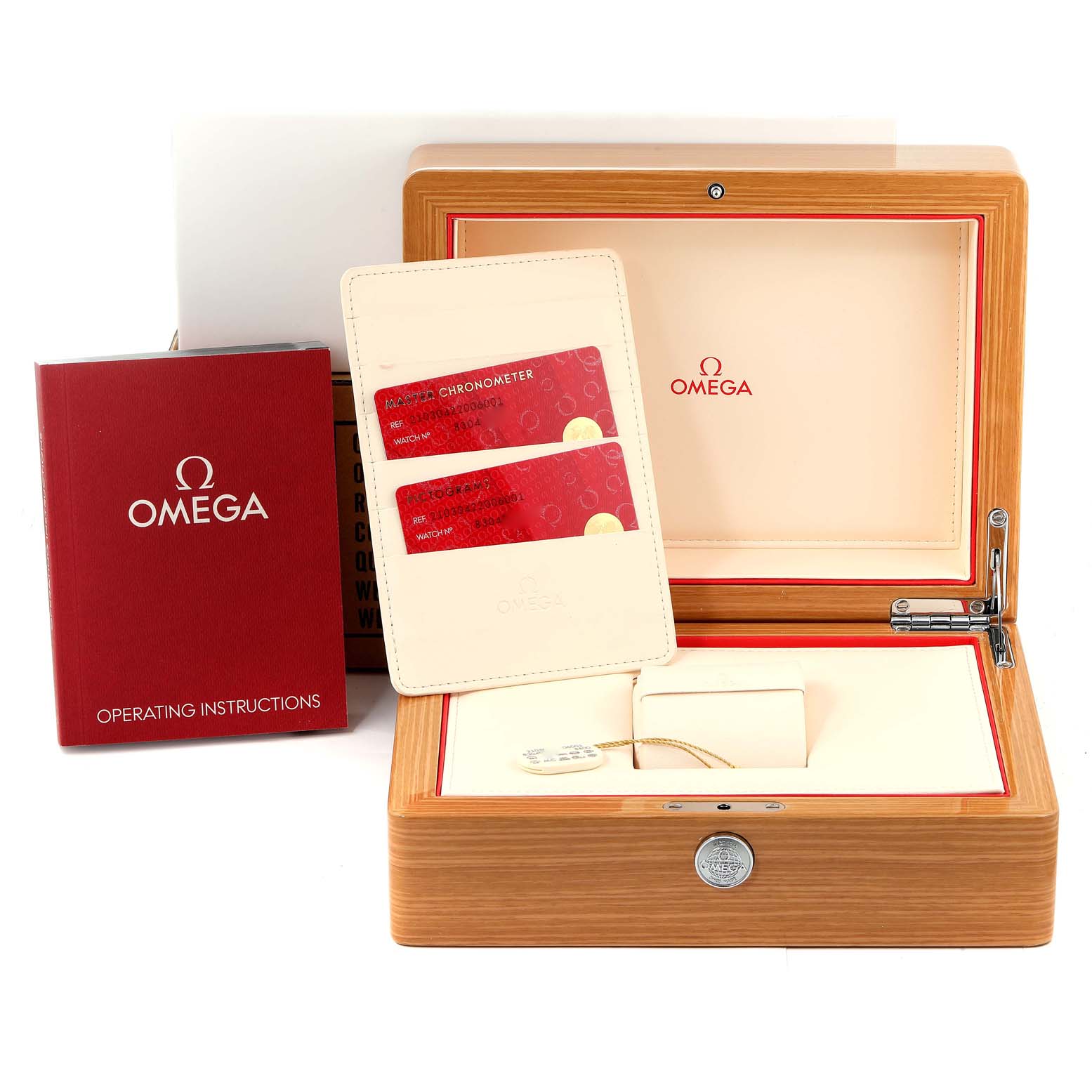 The image shows the Omega Seamaster 210.30.42.20.06.001 Men's Stainless Steel Grey Dial 210.30.42.20.06.001 Men's Stainless Steel Grey Dial watch accessories, including the operating instructions, warranty cards, and the wooden presentation box.