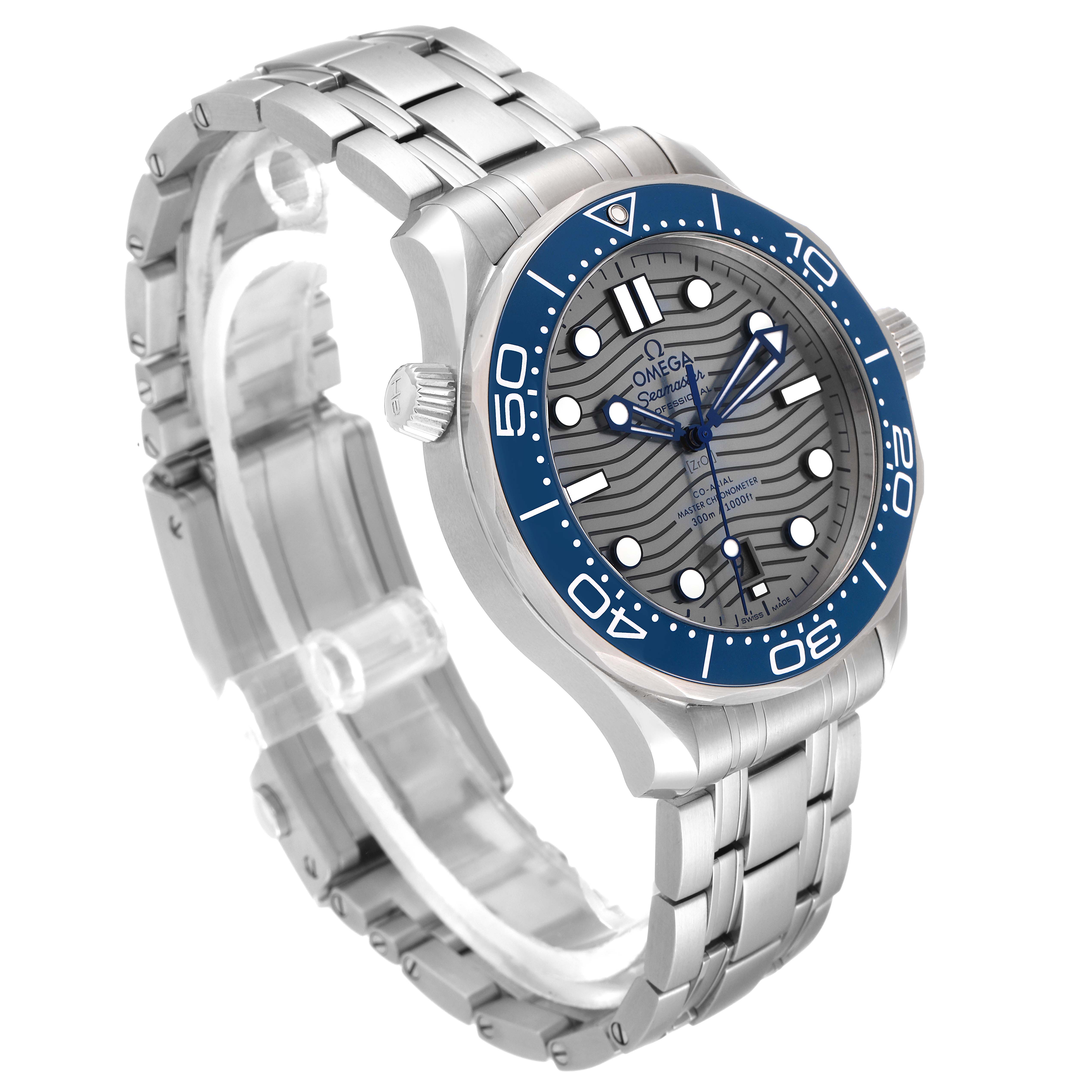 The Omega Seamaster 210.30.42.20.06.001 Men's Stainless Steel Grey Dial 210.30.42.20.06.001 Men's Stainless Steel Grey Dial watch is shown at a three-quarter angle, displaying the face, bezel, and bracelet.