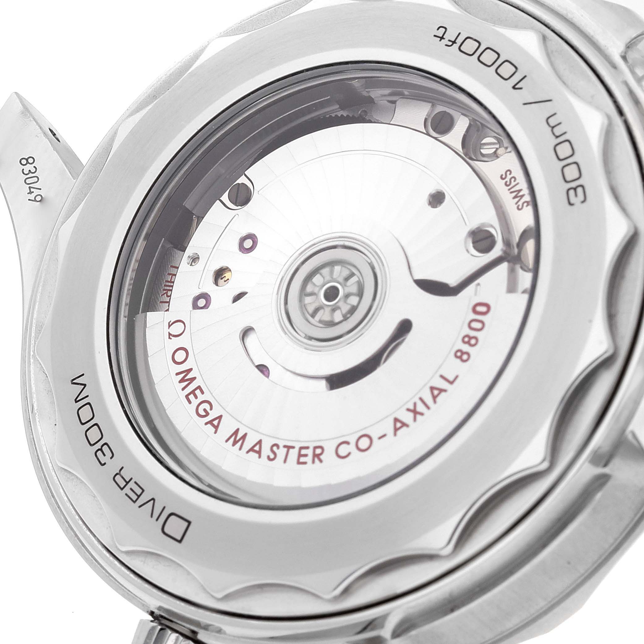 The image shows the back case of the Omega Seamaster 210.30.42.20.06.001 Men's Stainless Steel Grey Dial 210.30.42.20.06.001 Men's Stainless Steel Grey Dial watch, highlighting the Omega Master Co-Axial 8800 movement.