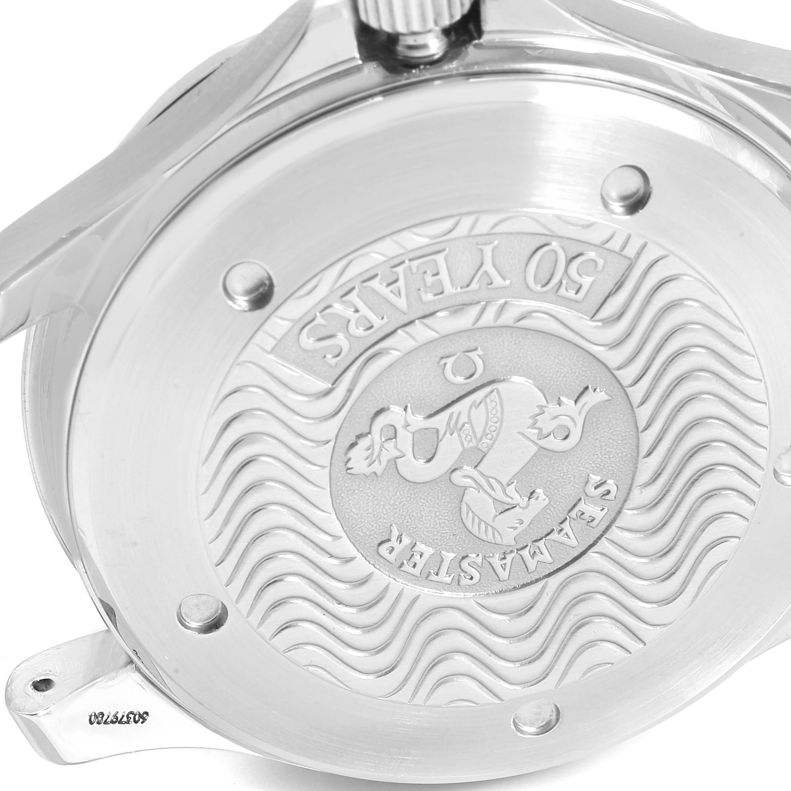 The image shows the case back of the Omega Seamaster 2534.50.00 Men
s Stainless Steel Black Dial 2534.50.00 Men
s Stainless Steel Black Dial watch at an angled side view.