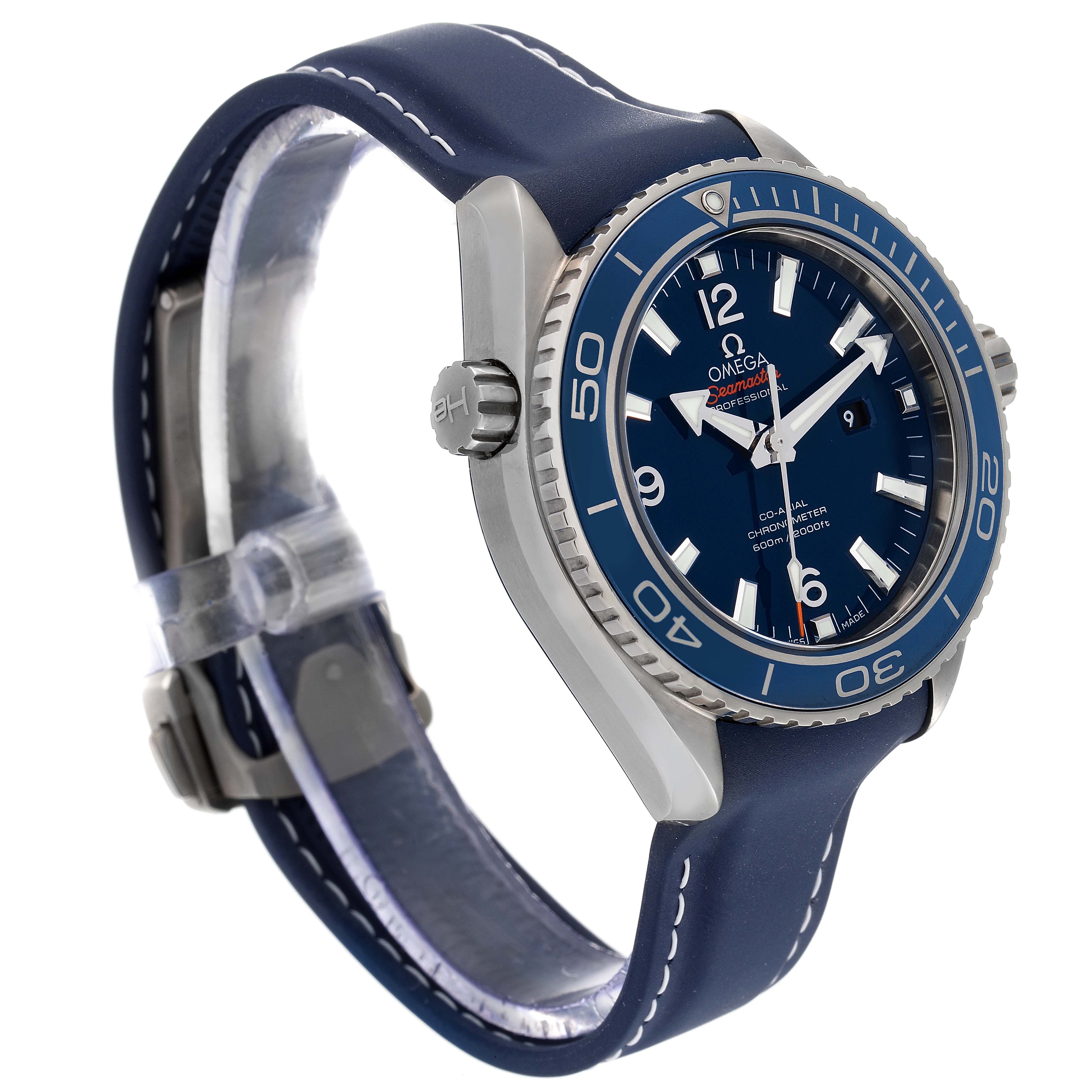 This image shows the Omega Planet Ocean 232.92.38.20.03.001 Men
s Titanium Blue Dial 232.92.38.20.03.001 Men
s Titanium Blue Dial watch at an angle displaying the face, bezel, crown, and strap.