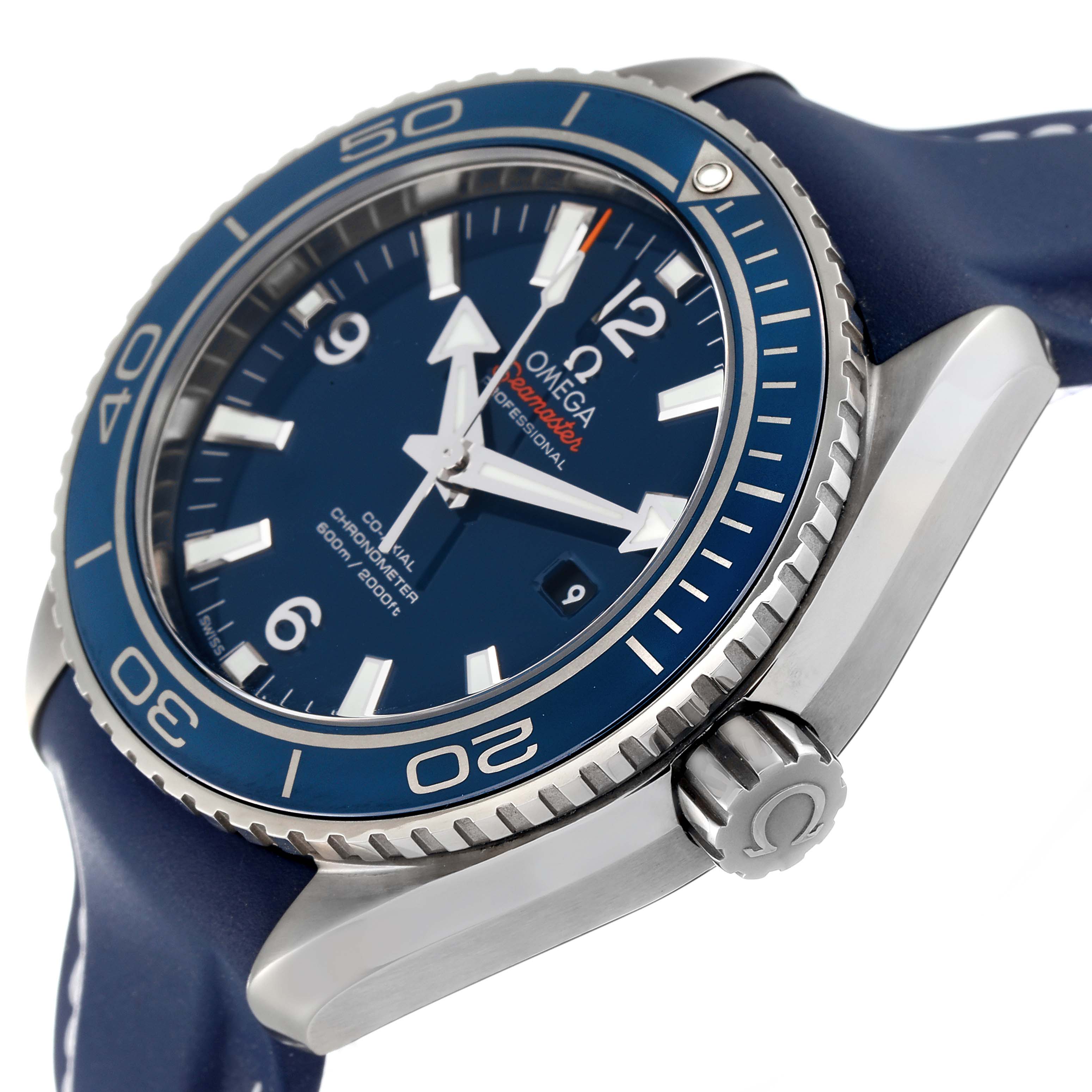 The image shows a close-up angled view of an Omega Planet Ocean 232.92.38.20.03.001 Men
s Titanium Blue Dial 232.92.38.20.03.001 Men
s Titanium Blue Dial watch, highlighting the dial, bezel, and crown.