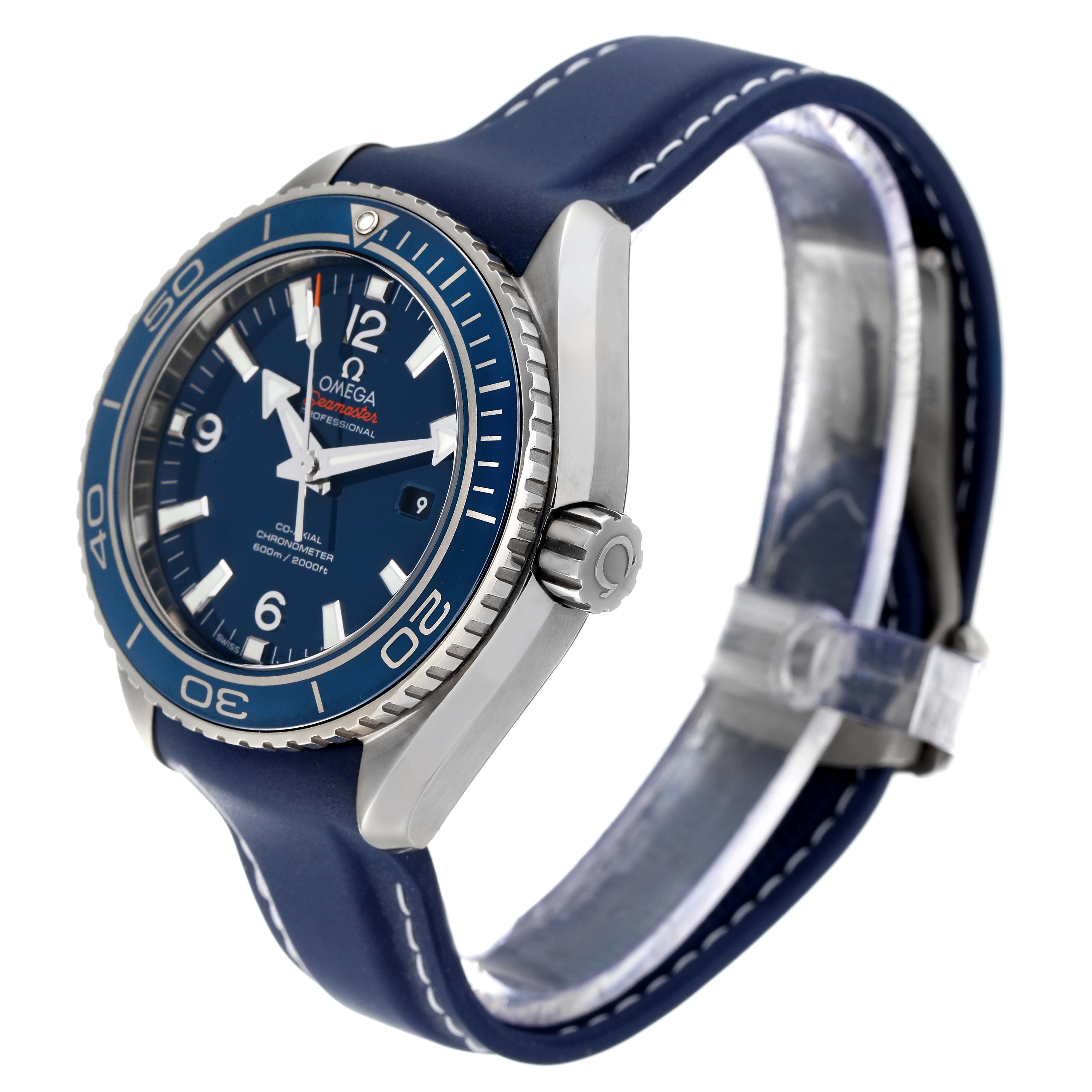 The Omega Planet Ocean 232.92.38.20.03.001 Men
s Titanium Blue Dial 232.92.38.20.03.001 Men
s Titanium Blue Dial watch is shown at a slight angle, displaying the face, bezel, crown, and strap.