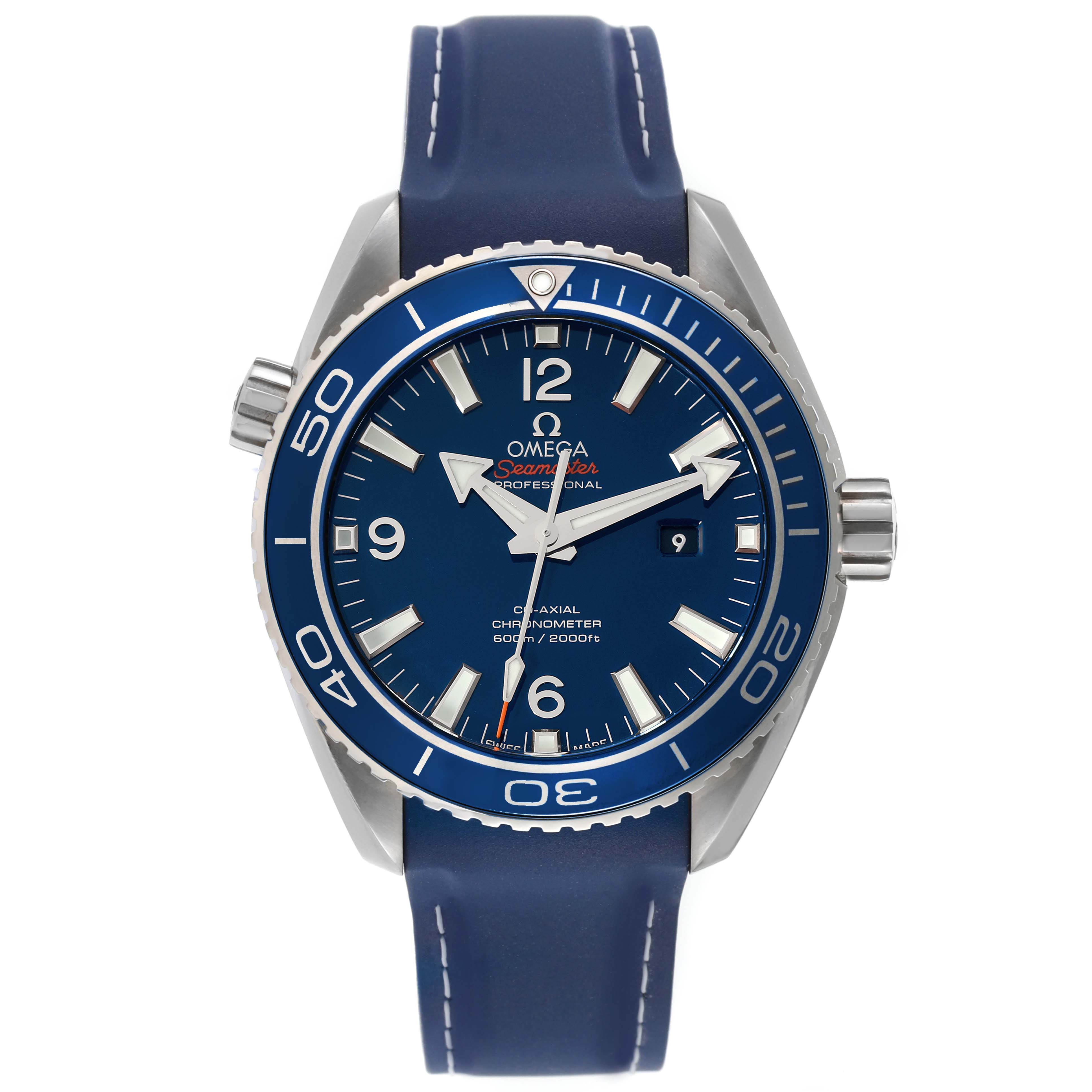 The image shows a front view of the Omega Planet Ocean 232.92.38.20.03.001 Men
s Titanium Blue Dial 232.92.38.20.03.001 Men
s Titanium Blue Dial watch, highlighting the dial, bezel, crown, and strap.
