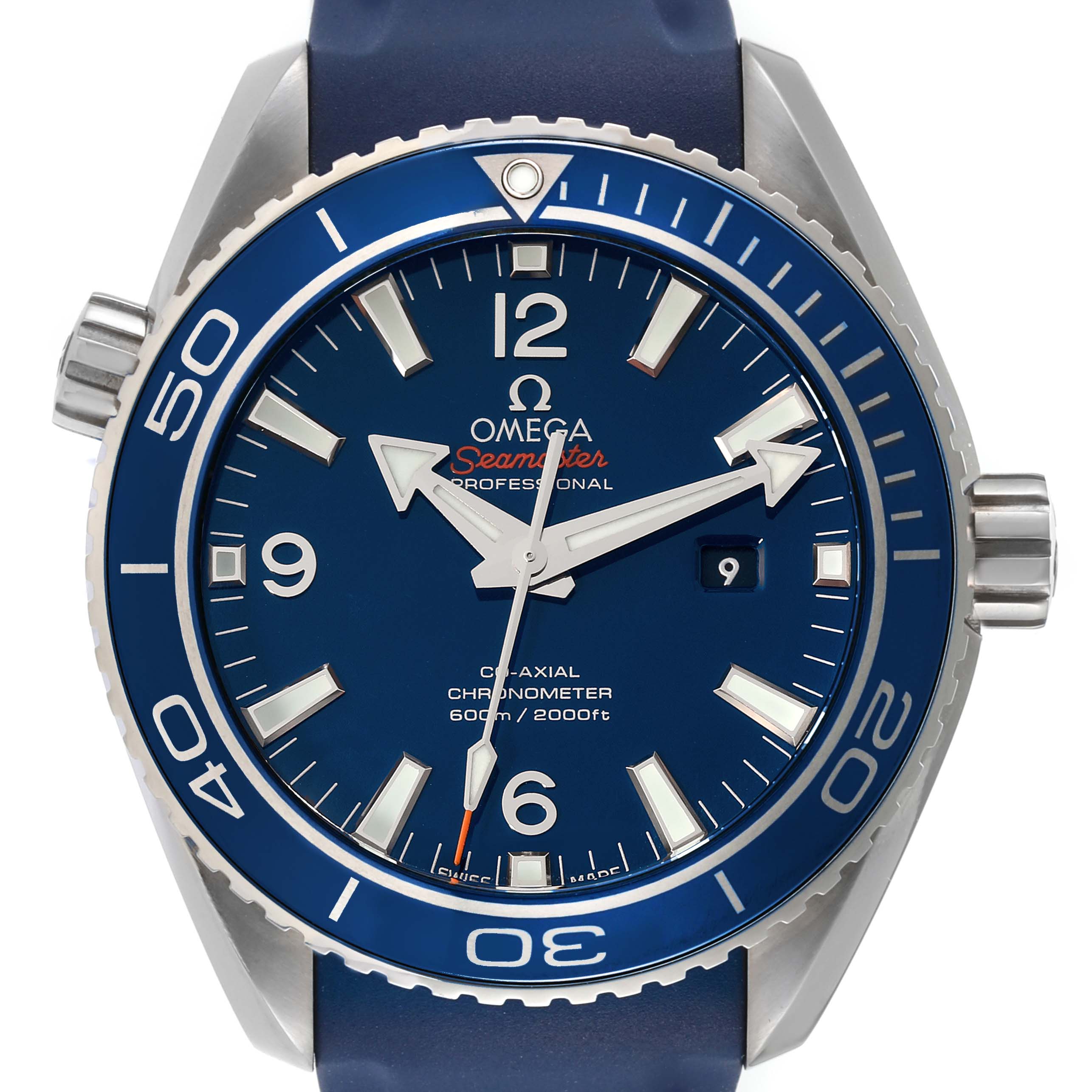 This image shows a frontal view of the Omega Planet Ocean 232.92.38.20.03.001 Men
s Titanium Blue Dial 232.92.38.20.03.001 Men
s Titanium Blue Dial Seamaster watch, detailing the dial, bezel, and crown.