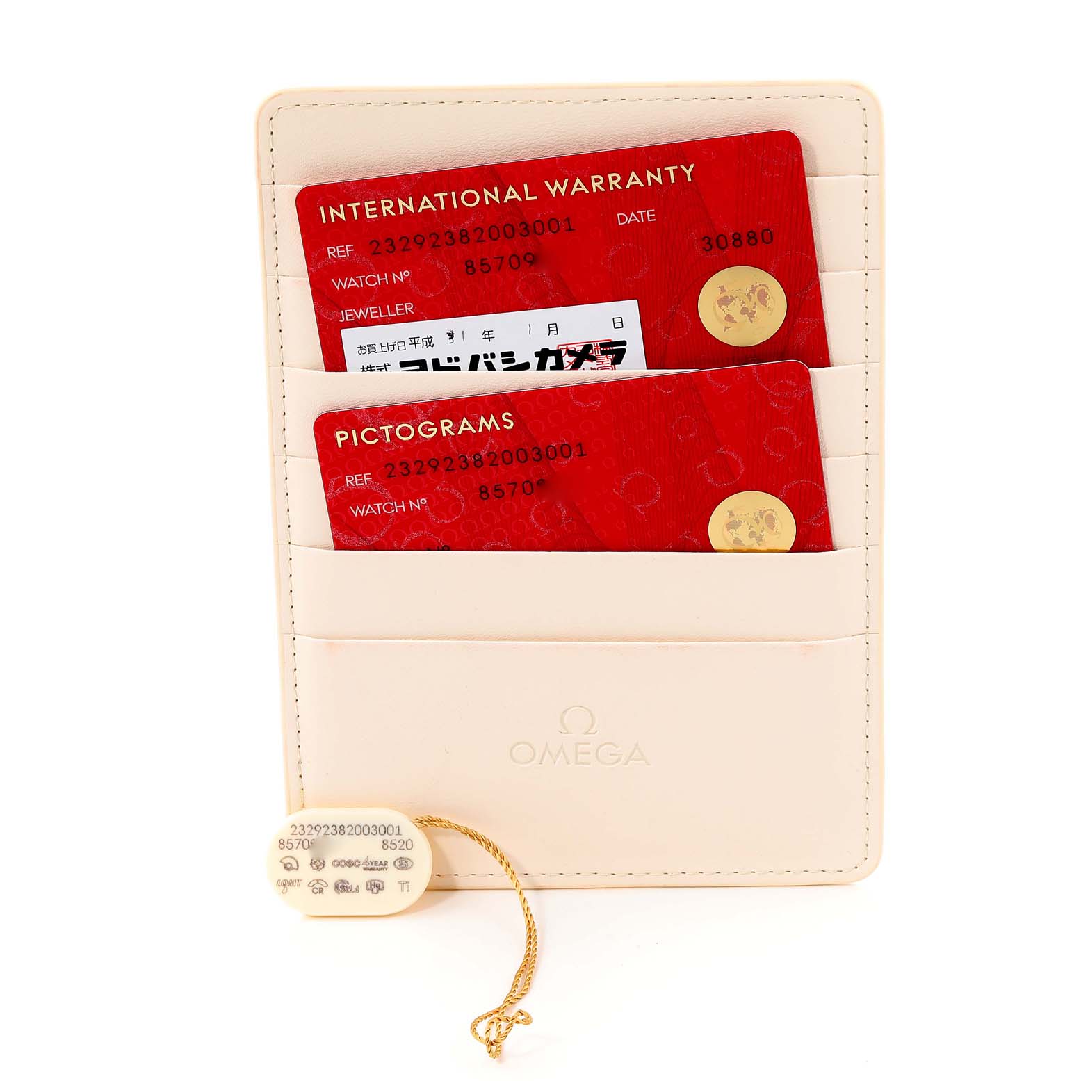 The image shows an Omega Planet Ocean 232.92.38.20.03.001 Men
s Titanium Blue Dial 232.92.38.20.03.001 Men
s Titanium Blue Dial model
s warranty cards and accompanying documentation holder, along with a hang tag.