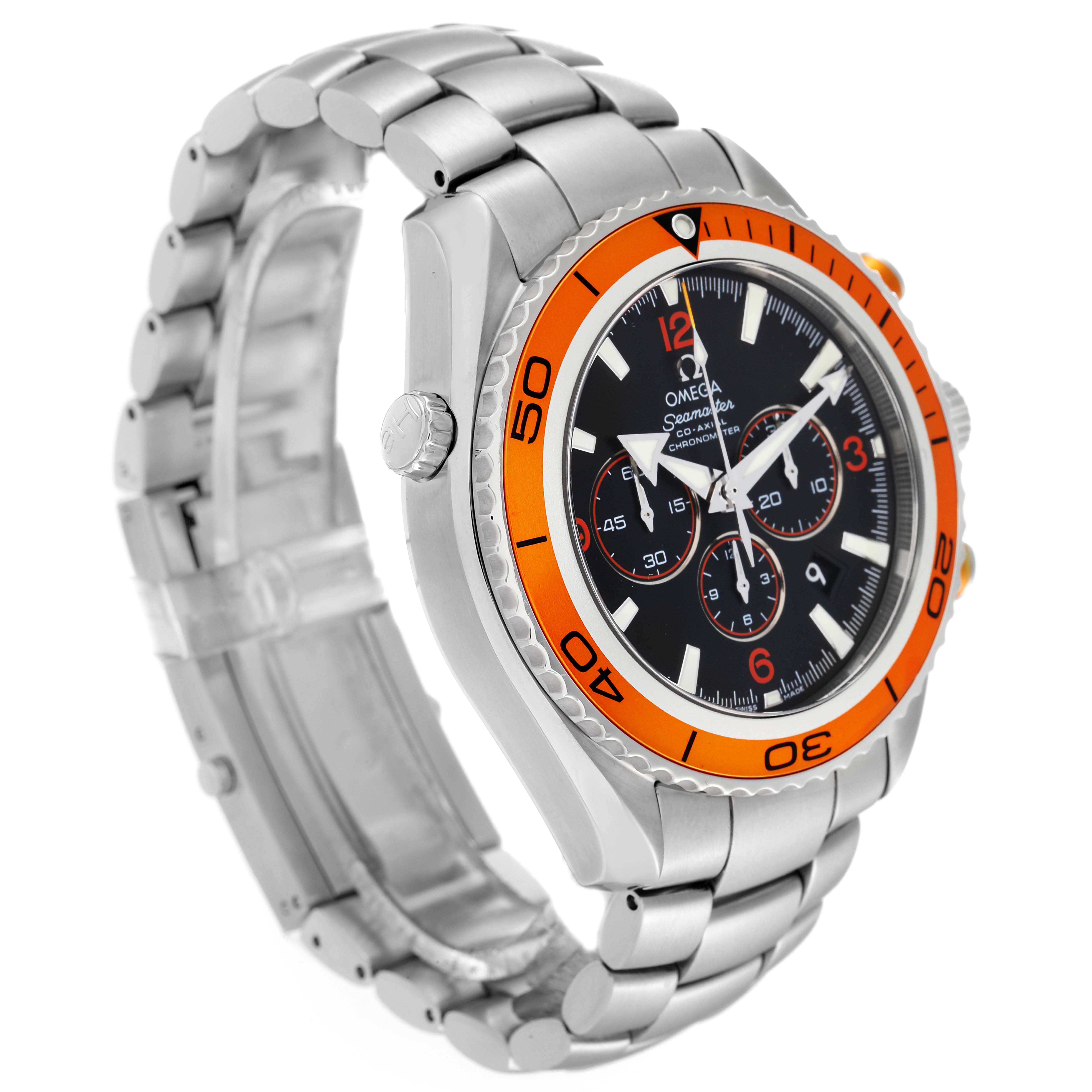 The Omega Planet Ocean 2218.50.00 Men
s Stainless Steel Black Dial 2218.50.00 Men
s Stainless Steel Black Dial watch is shown at a three-quarter angle, highlighting the orange bezel, black dial, and metal bracelet.