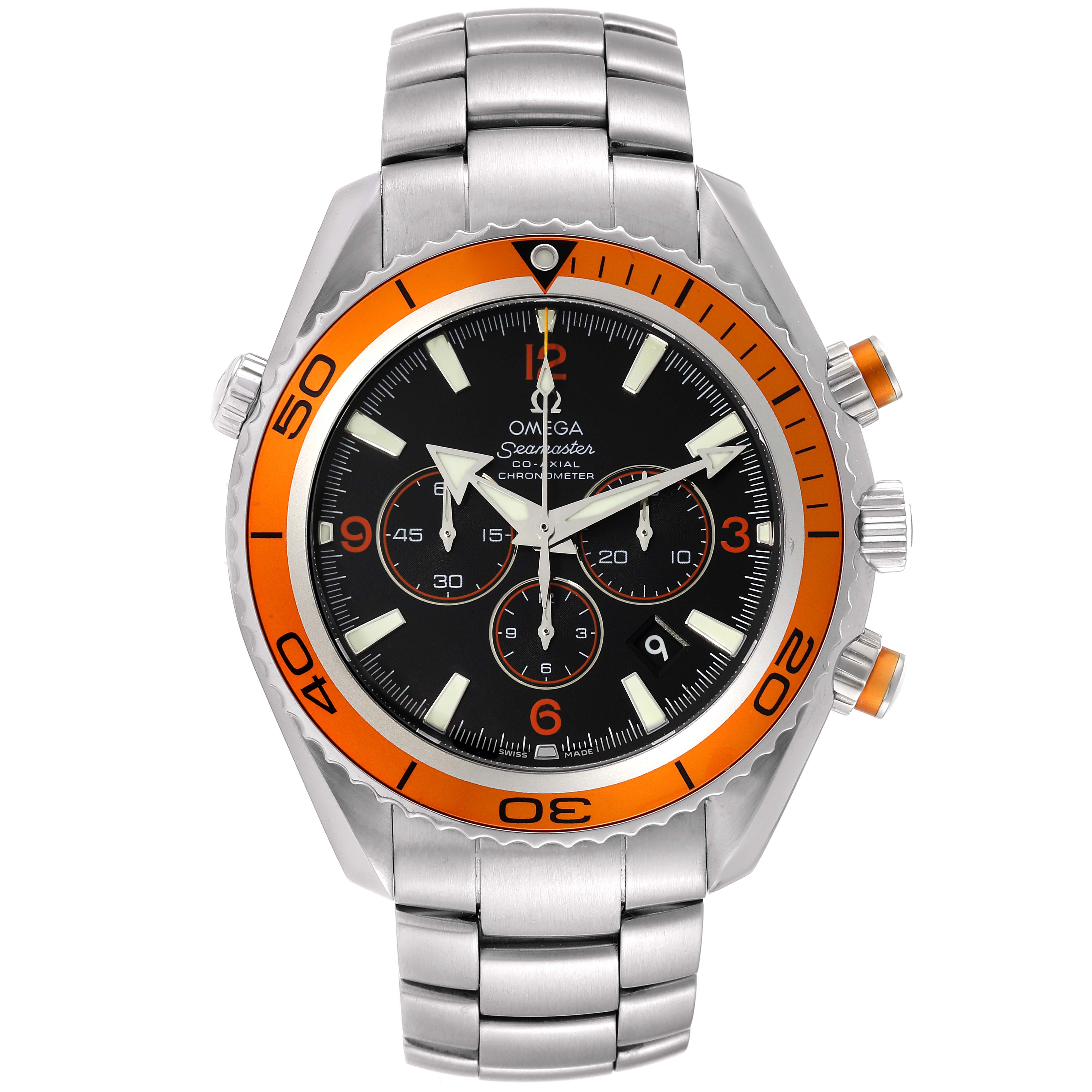 This image shows the front view of an Omega Planet Ocean 2218.50.00 Men
s Stainless Steel Black Dial 2218.50.00 Men
s Stainless Steel Black Dial watch featuring an orange bezel, black dial, and metal bracelet.