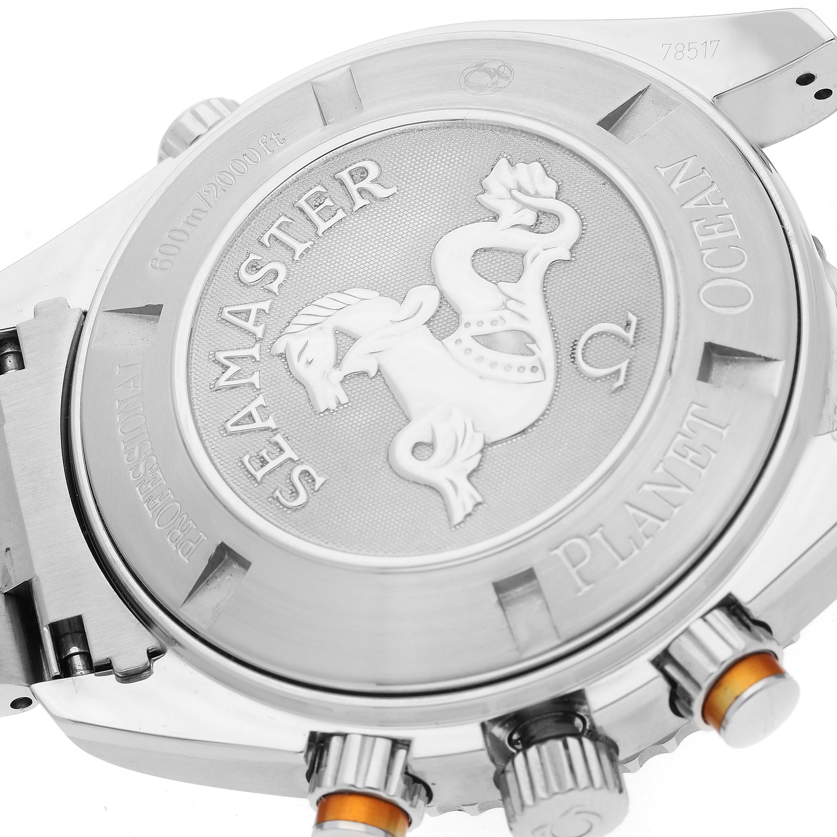 The image shows the back casing and crown buttons of the Omega Seamaster Planet Ocean watch at an angled view.