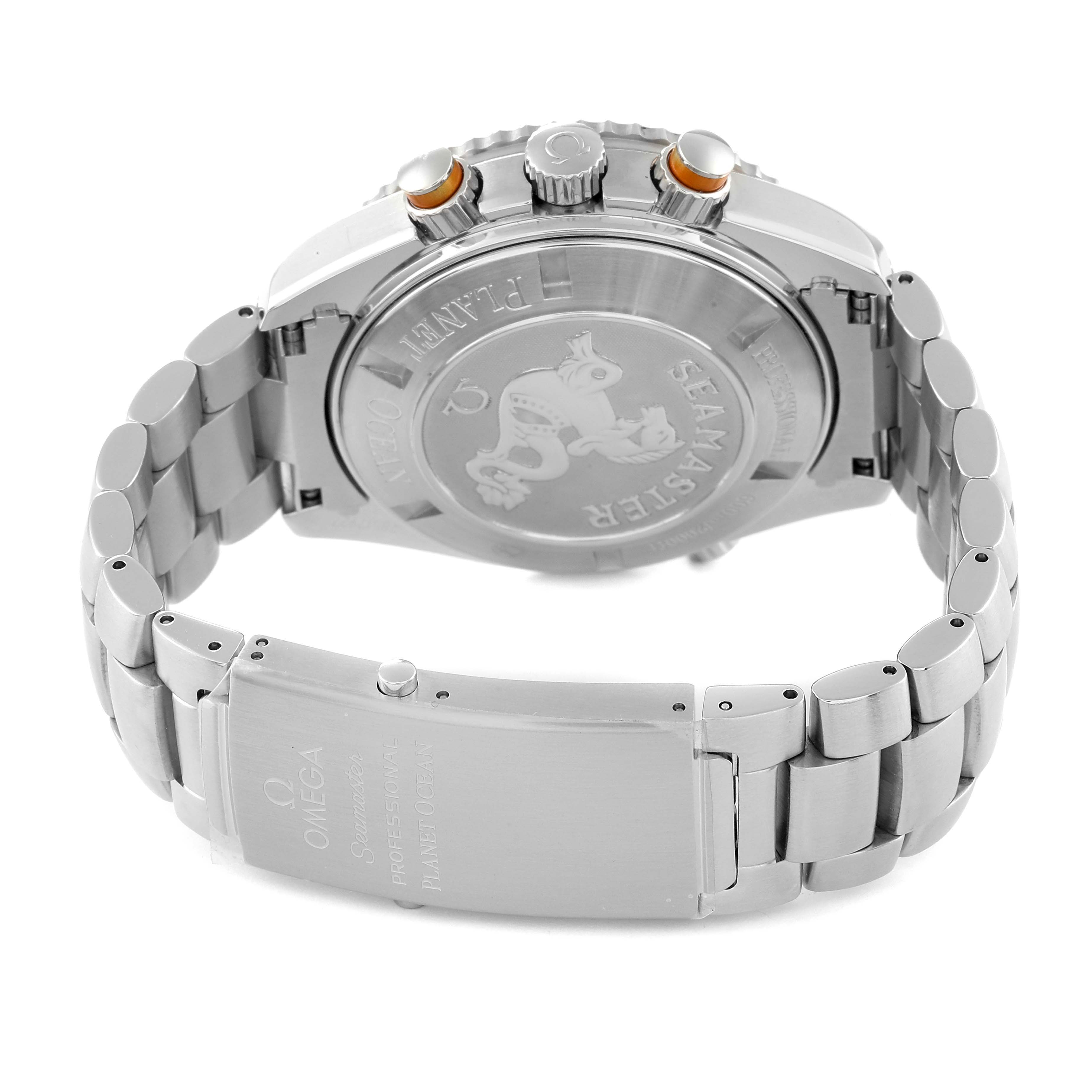 The image shows the back view of the Omega Planet Ocean 2218.50.00 Men
s Stainless Steel Black Dial 2218.50.00 Men
s Stainless Steel Black Dial watch, highlighting the case back, crown, pushers, and bracelet.