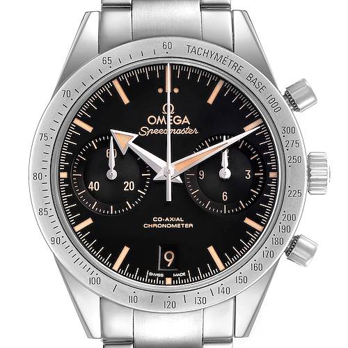 The Omega Speedmaster 331.10.42.51.01.002 Men's Stainless Steel Black Dial watch is shown from the front, highlighting the dial, subdials, tachymetre, and crown.