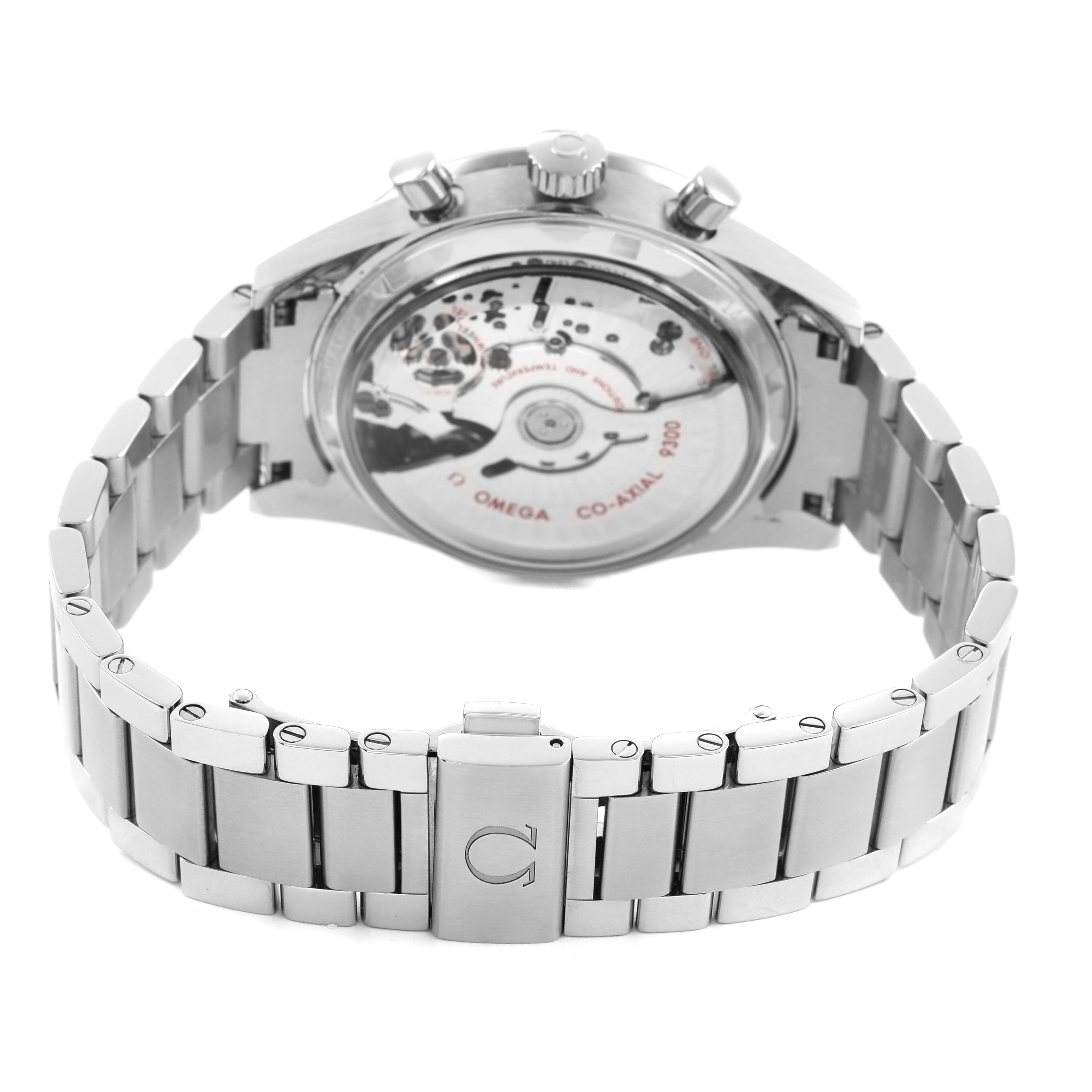 The Omega Speedmaster 331.10.42.51.01.002 Men's Stainless Steel Black Dial watch is shown from the back, displaying its transparent case back and stainless steel bracelet.