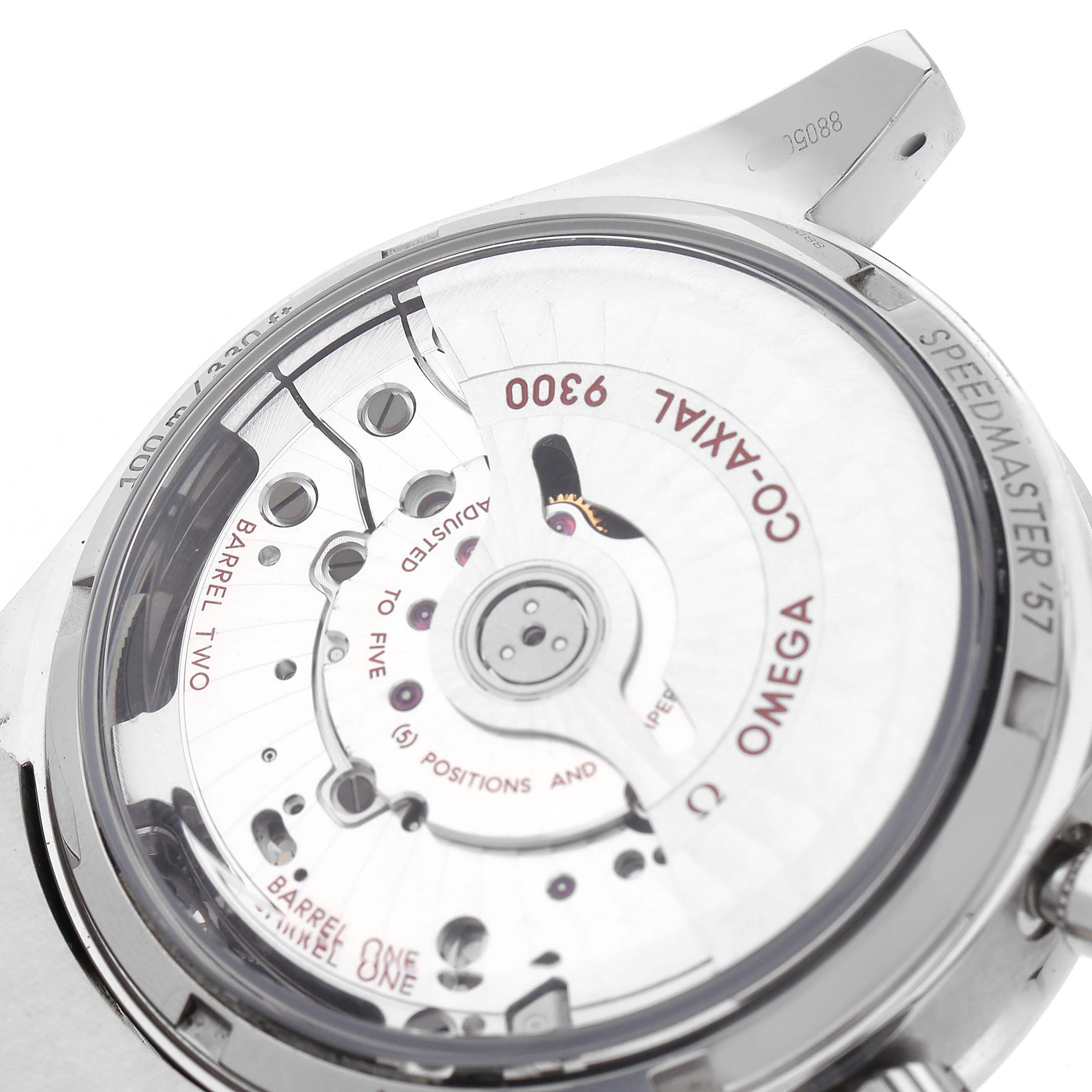 The Omega Speedmaster 331.10.42.51.01.002 Men's Stainless Steel Black Dial watch is shown from the back, highlighting its Co-Axial 9300 movement.