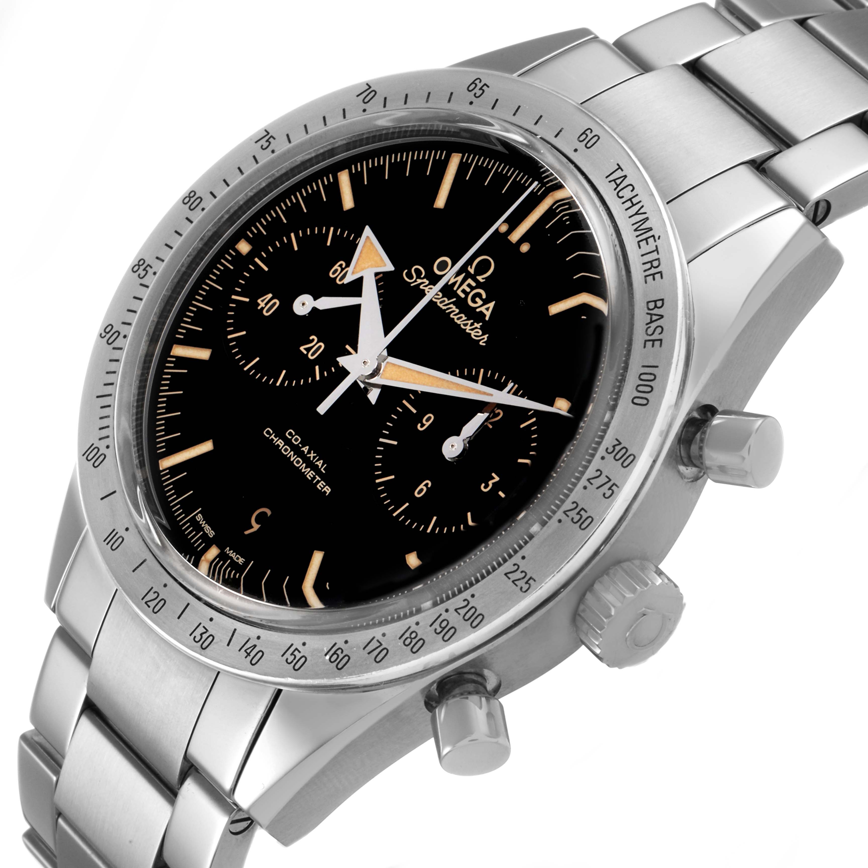The image shows an Omega Speedmaster 331.10.42.51.01.002 Men's Stainless Steel Black Dial watch at an angled view, highlighting the bezel, crown, pushers, and stainless steel bracelet.