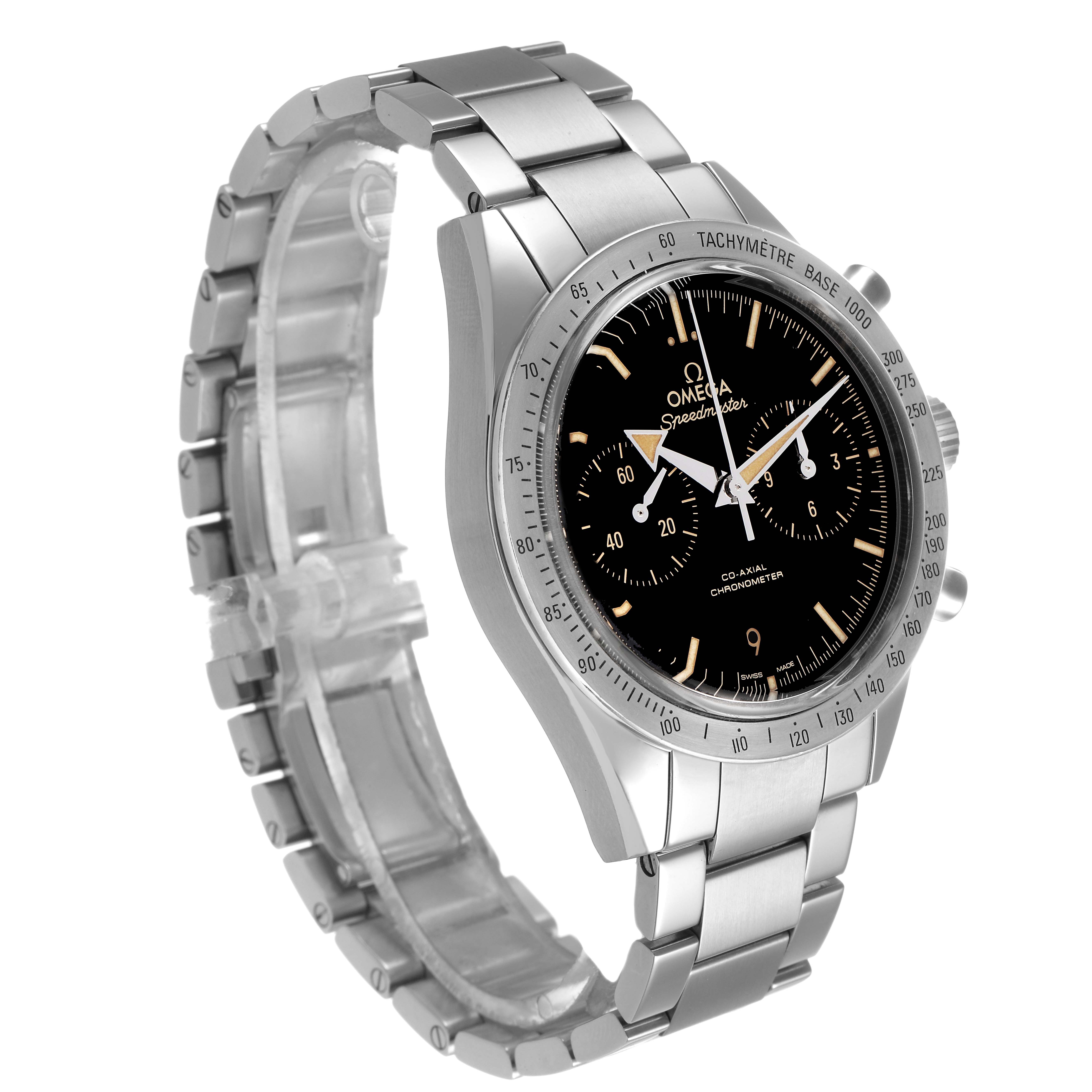 The Omega Speedmaster 331.10.42.51.01.002 Men's Stainless Steel Black Dial watch is shown at an angled side profile, highlighting the face, bezel, and metal bracelet.