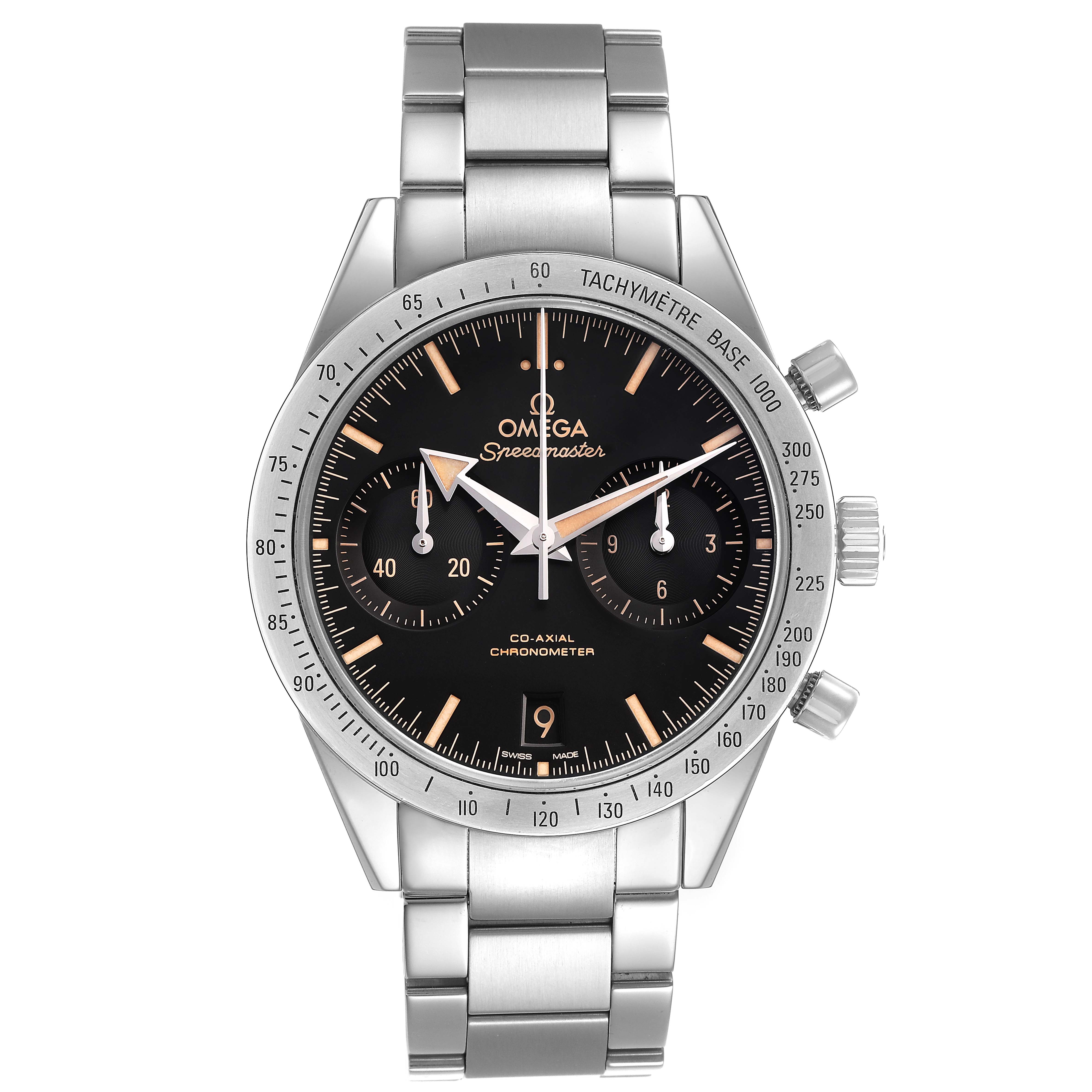 The Omega Speedmaster 331.10.42.51.01.002 Men's Stainless Steel Black Dial watch is shown from the front, displaying its dial, tachymeter, and stainless steel bracelet.