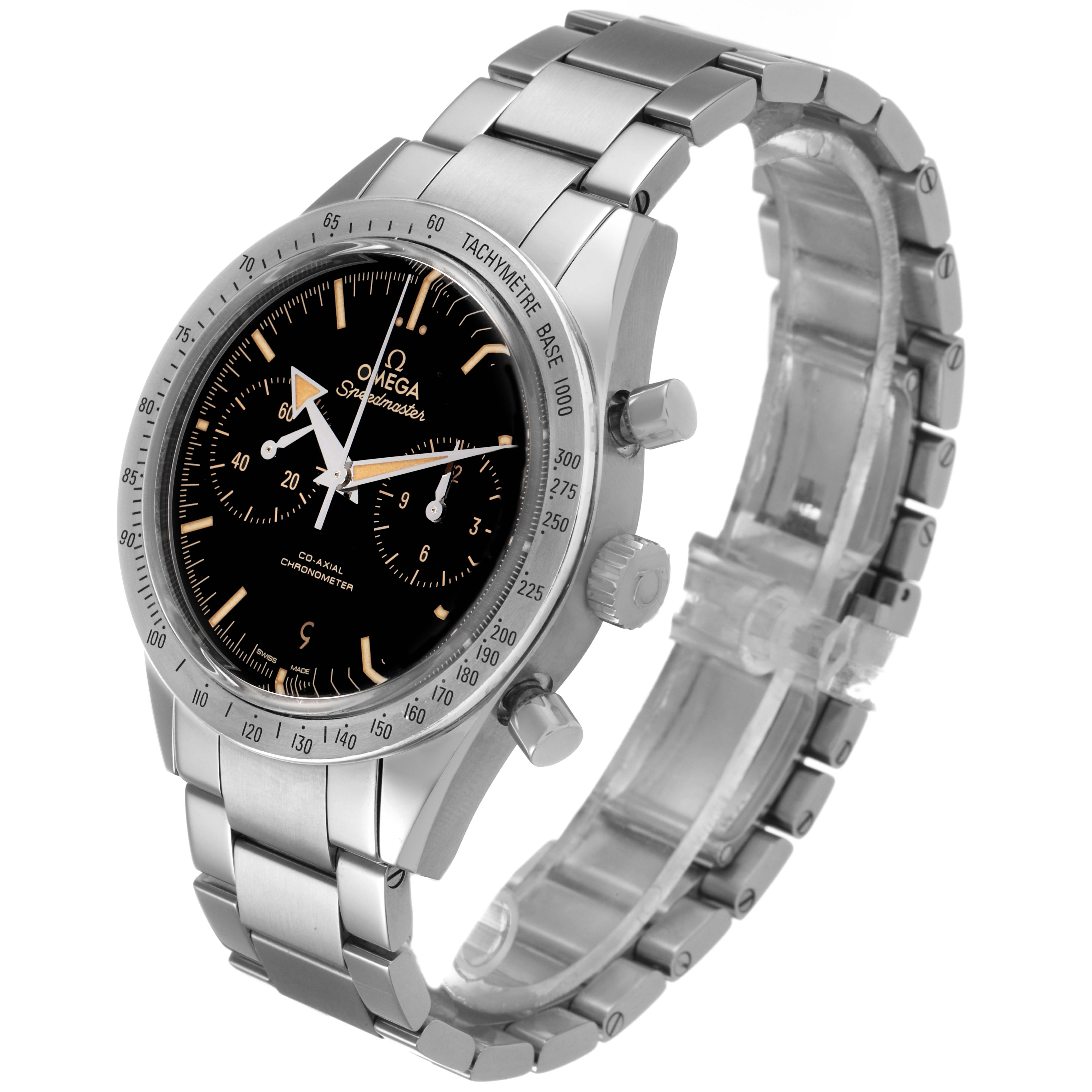 The Omega Speedmaster 331.10.42.51.01.002 Men's Stainless Steel Black Dial watch is shown at a three-quarter angle, displaying the bezel, face, crown, pushers, and bracelet.