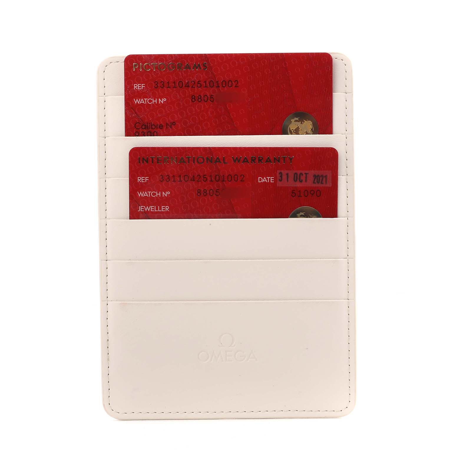 The image shows Omega Speedmaster 331.10.42.51.01.002 Men's Stainless Steel Black Dial accessories: two red cards in a white cardholder.