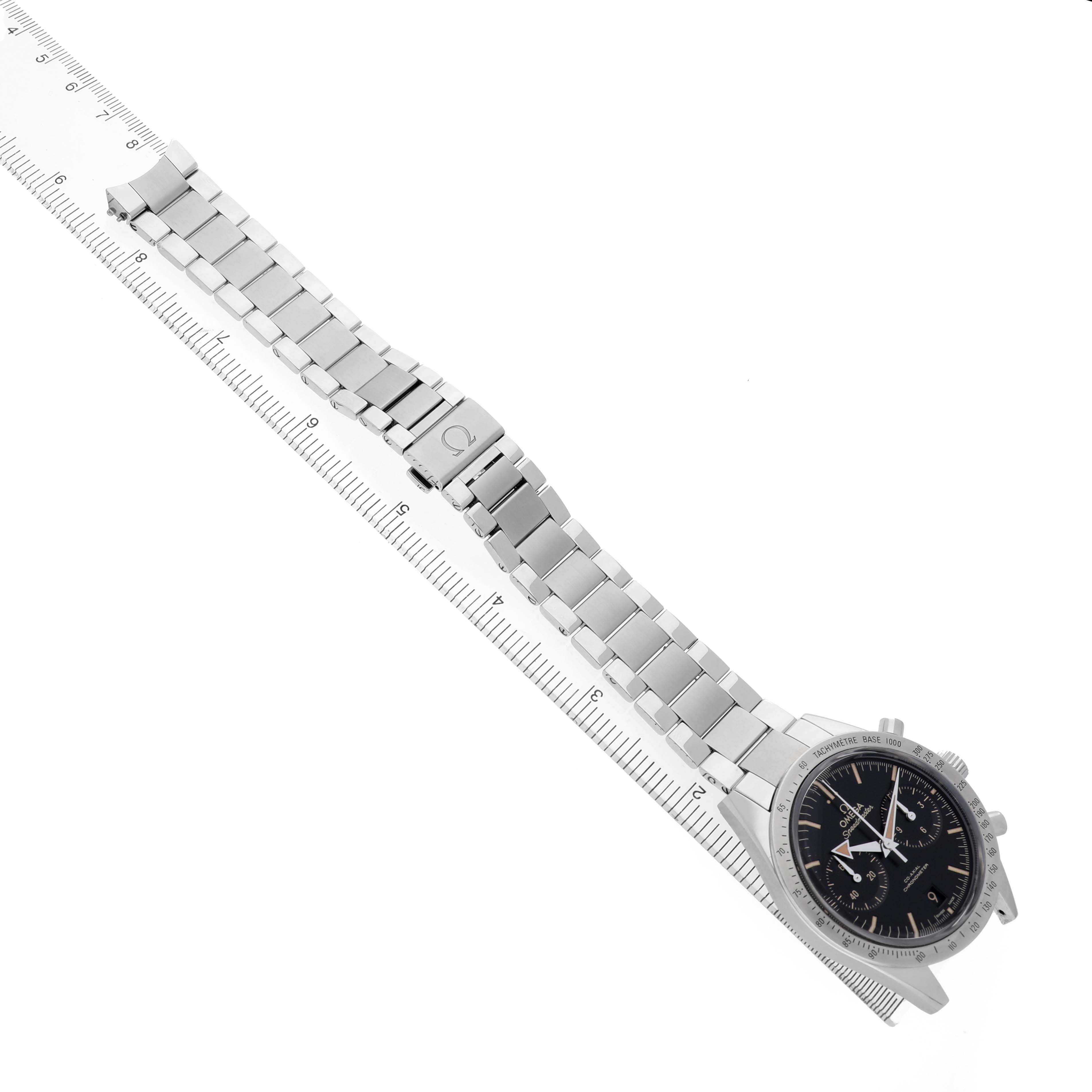 The Omega Speedmaster 331.10.42.51.01.002 Men's Stainless Steel Black Dial watch is displayed diagonally, showing the full bracelet, clasp, bezel, and dial.