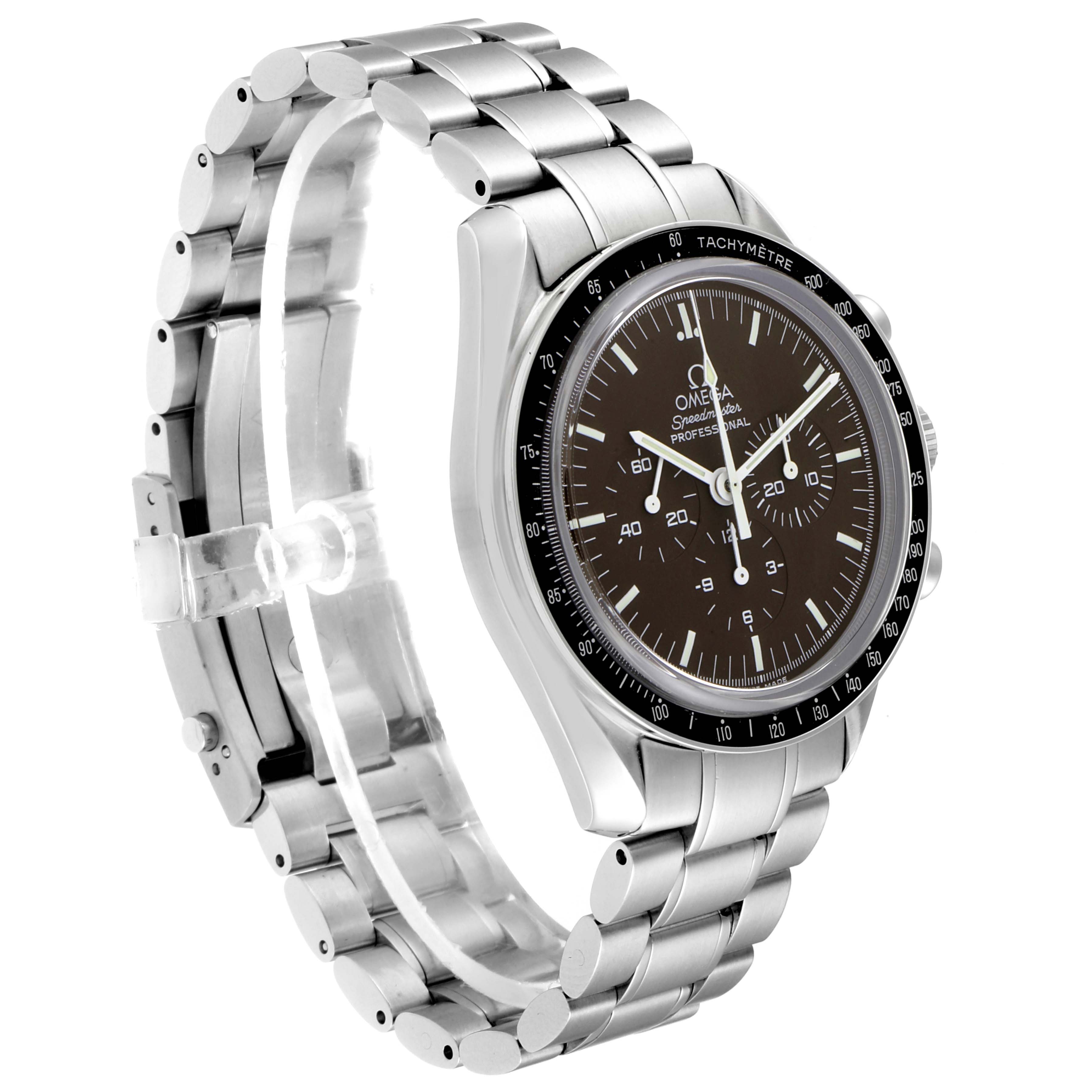 The Omega Speedmaster 311.30.42.30.13.001 Men's Stainless Steel Brown Dial 311.30.42.30.13.001 Men's Stainless Steel Brown Dial watch is shown from a front left angle, displaying its dial, tachymeter bezel, and metal bracelet.