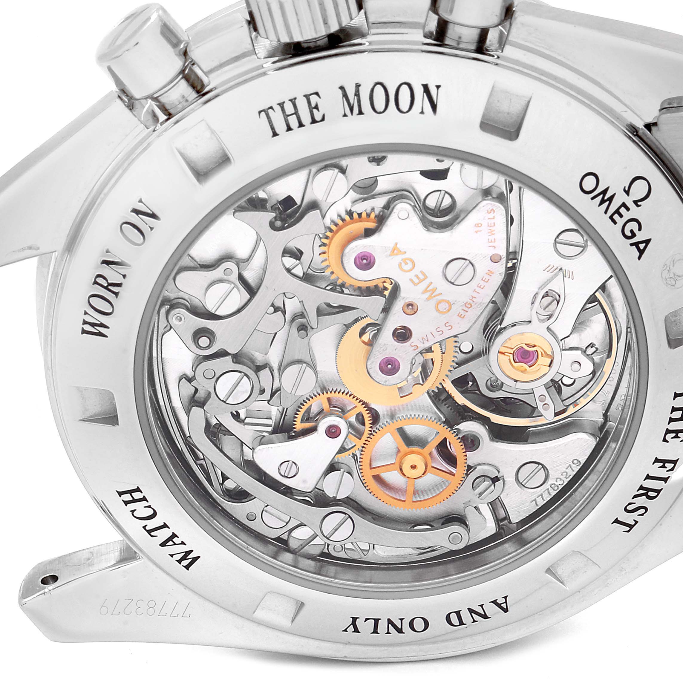 This image shows the case back of the Omega Speedmaster 311.30.42.30.13.001 Men's Stainless Steel Brown Dial 311.30.42.30.13.001 Men's Stainless Steel Brown Dial, revealing its internal mechanics and movement.