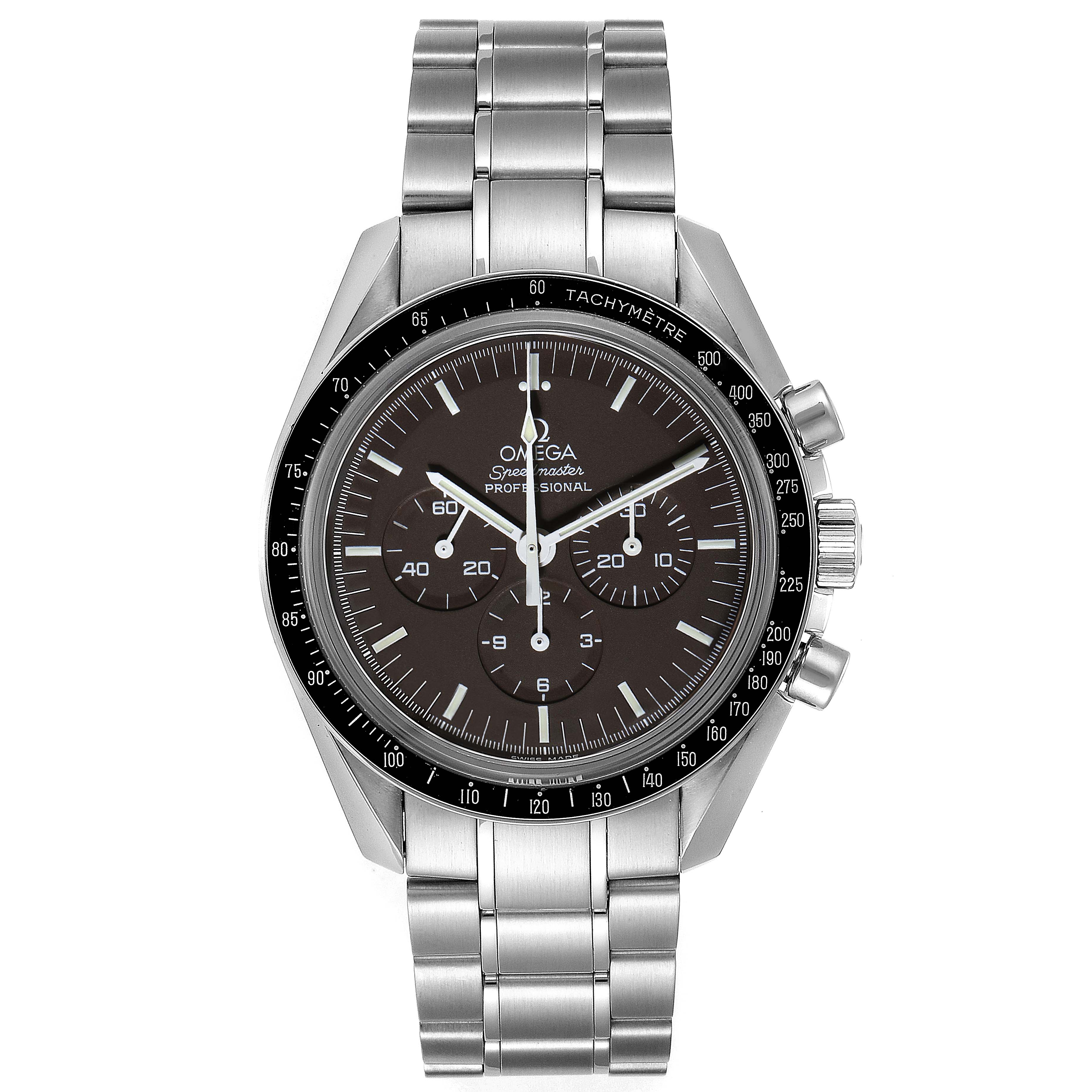 The Omega Speedmaster 311.30.42.30.13.001 Men's Stainless Steel Brown Dial 311.30.42.30.13.001 Men's Stainless Steel Brown Dial watch is shown from the front, displaying its face, bezel, and stainless steel bracelet.