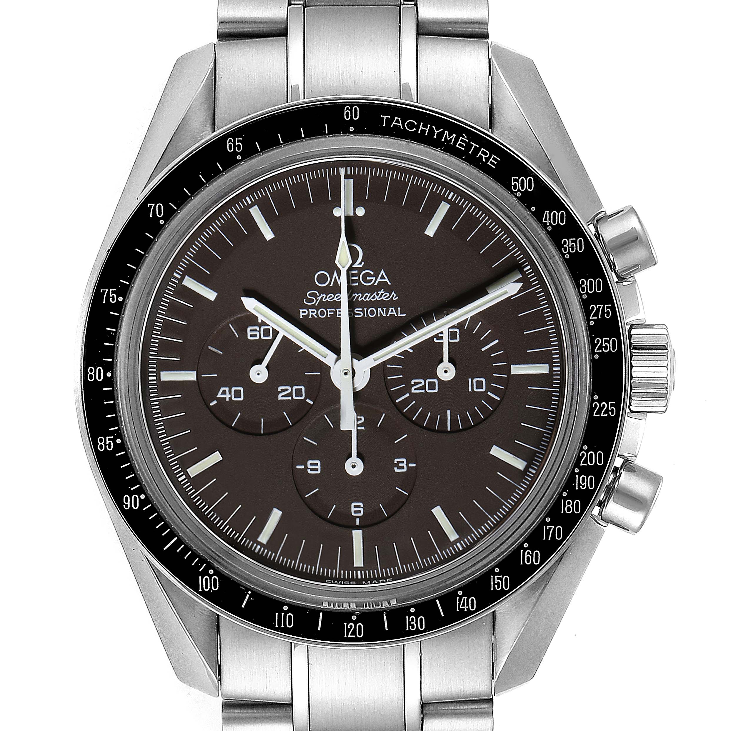 The image shows a frontal view of the Omega Speedmaster 311.30.42.30.13.001 Men's Stainless Steel Brown Dial 311.30.42.30.13.001 Men's Stainless Steel Brown Dial watch, highlighting its dial, subdials, tachymeter bezel, and metal bracelet.