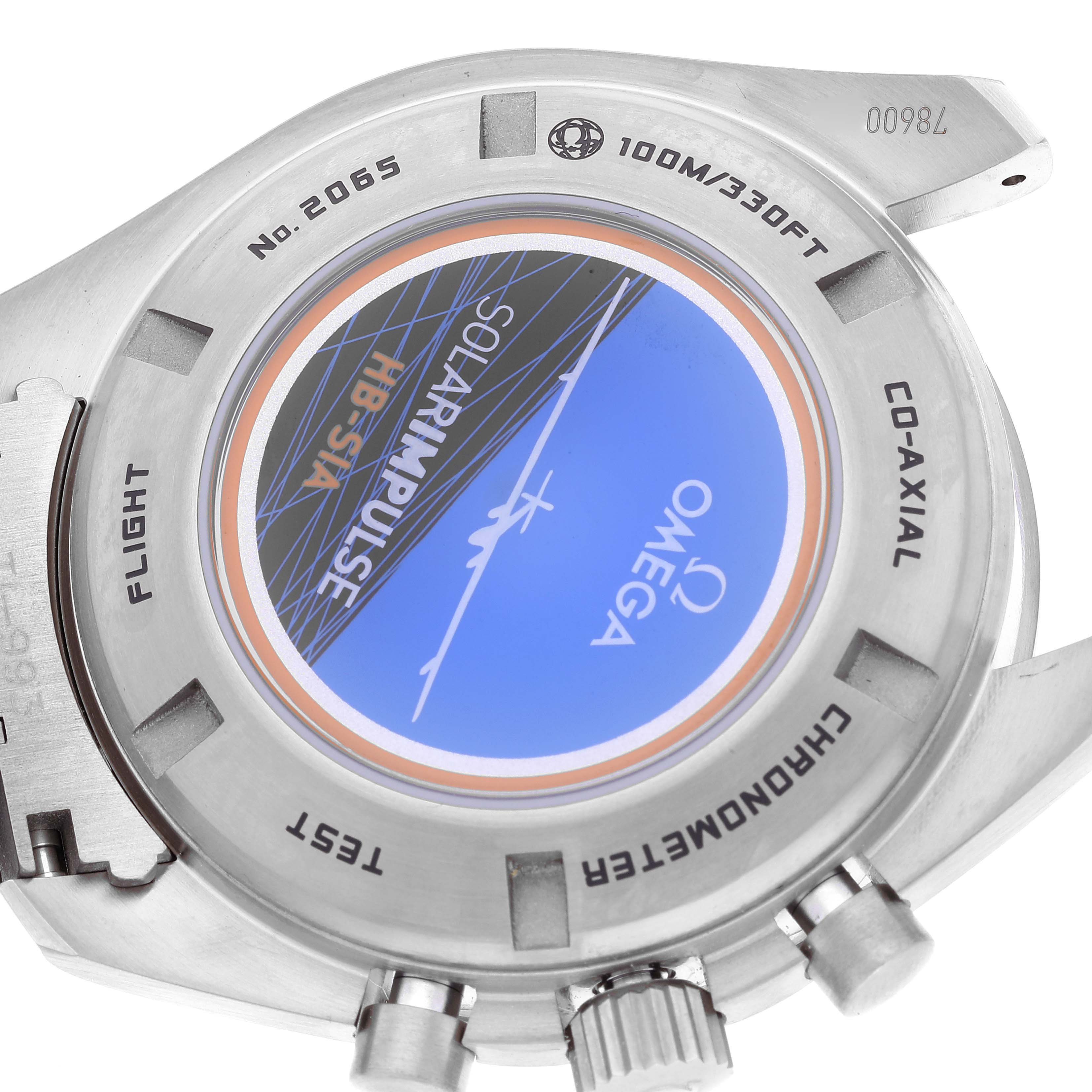 The image shows the back case of the Omega Speedmaster 321.90.44.52.01.001 Men
s Titanium Black Dial 321.90.44.52.01.001 Men
s Titanium Black Dial, highlighting the "Solar Impulse" edition details.