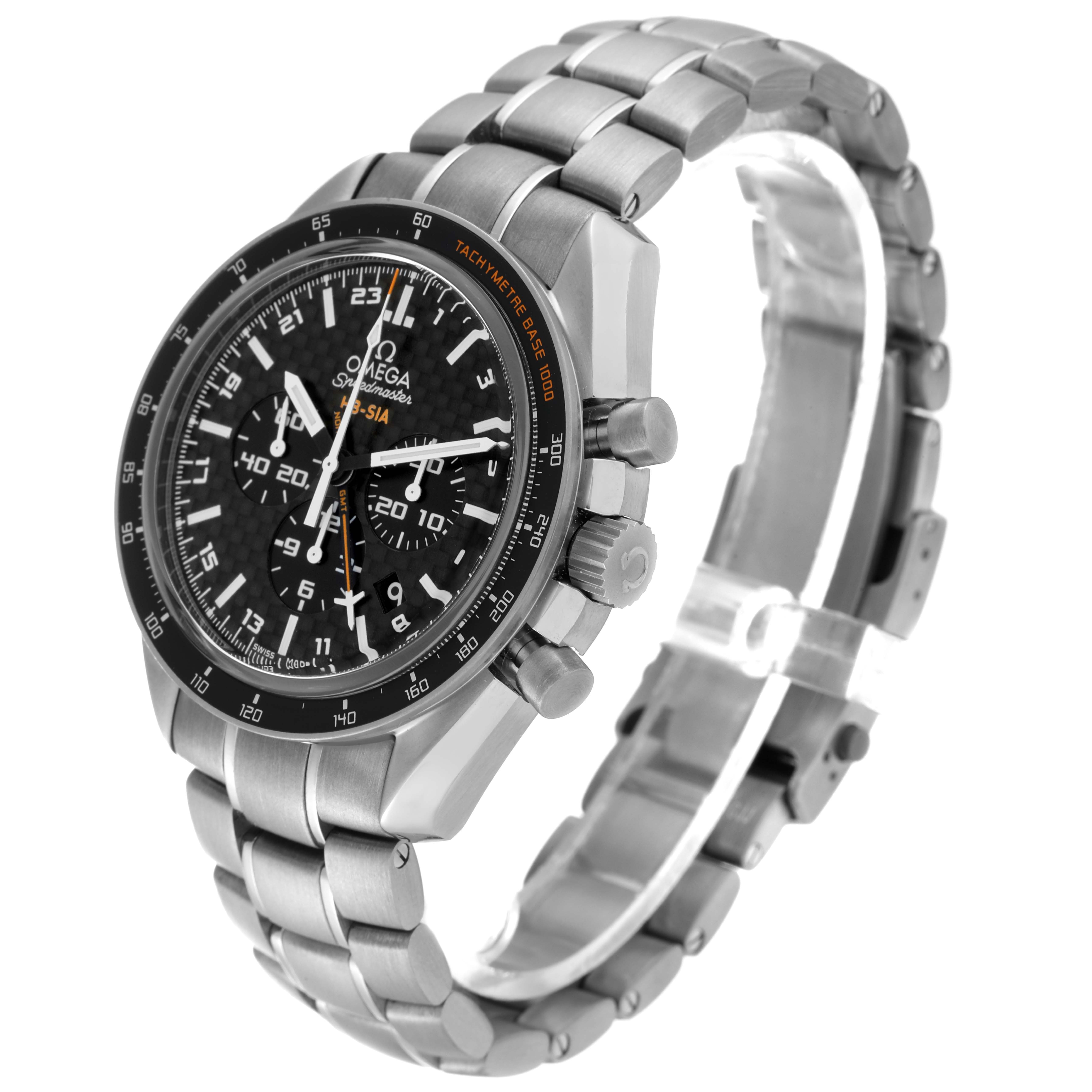 The Omega Speedmaster 321.90.44.52.01.001 Men
s Titanium Black Dial 321.90.44.52.01.001 Men
s Titanium Black Dial watch is shown from an oblique angle, highlighting its face, bracelet, and side buttons.