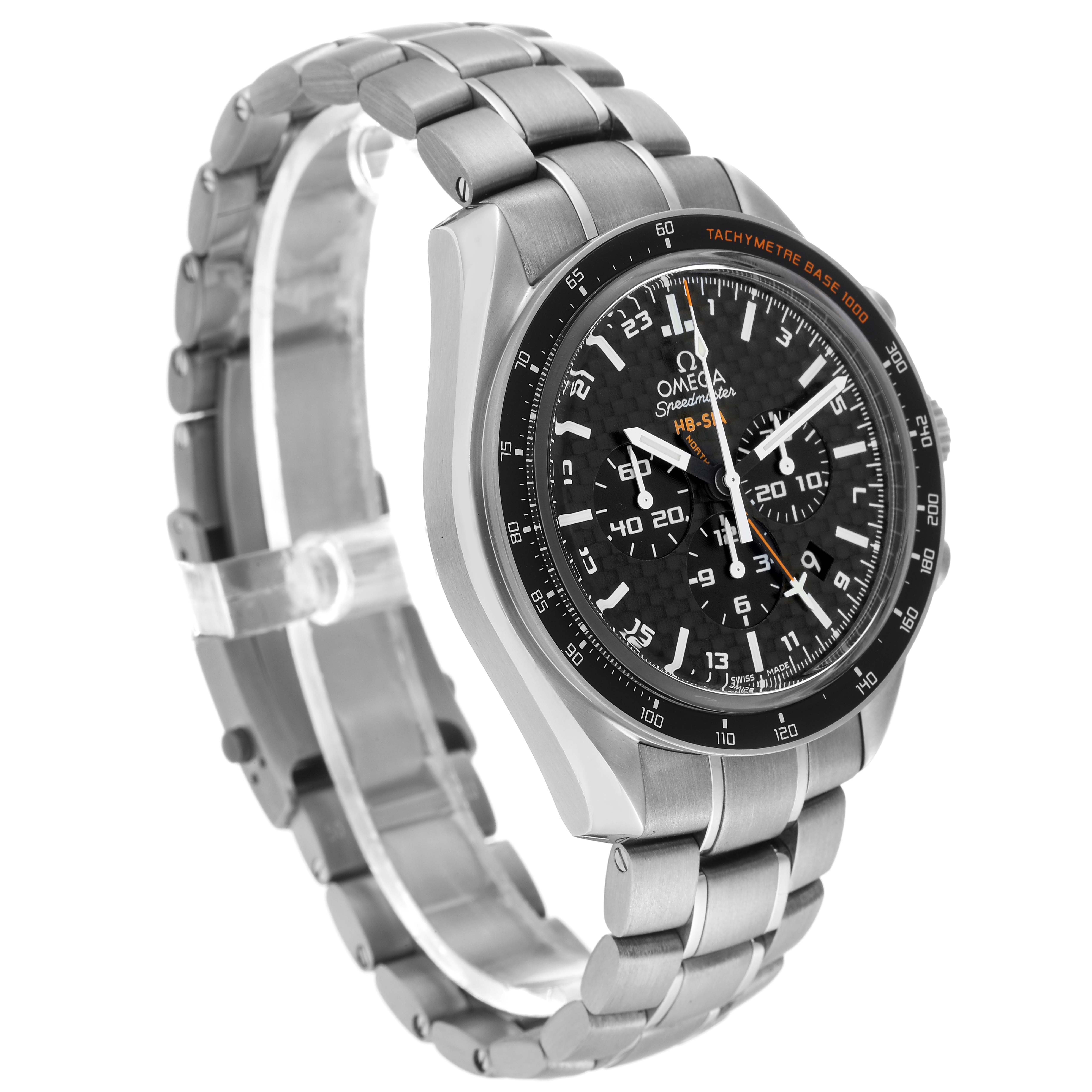 The image shows an angled view of an Omega Speedmaster 321.90.44.52.01.001 Men
s Titanium Black Dial 321.90.44.52.01.001 Men
s Titanium Black Dial watch highlighting the face, bezel, and stainless steel bracelet.