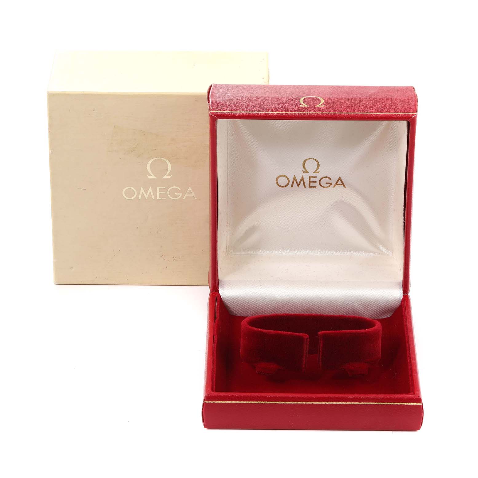 The image shows the Omega Speedmaster 3191.50 Men's Yellow Gold Black Dial 3191.50 Men's Yellow Gold Black Dial watch's red and gold display box and an outer cream-colored storage box.