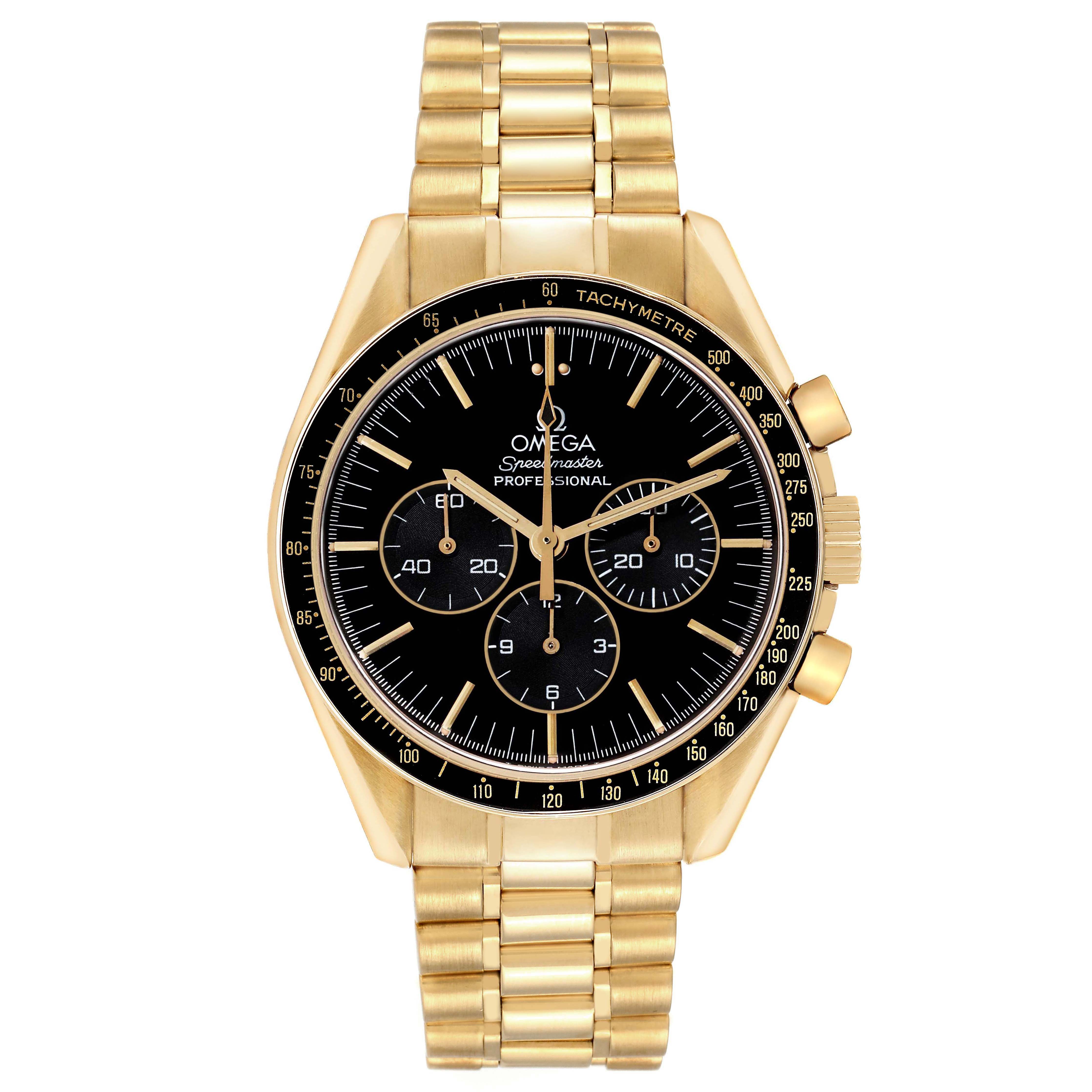The Omega Speedmaster 3191.50 Men's Yellow Gold Black Dial 3191.50 Men's Yellow Gold Black Dial watch is shown from the front, displaying its gold case, black dial, three subdials, and gold bracelet.
