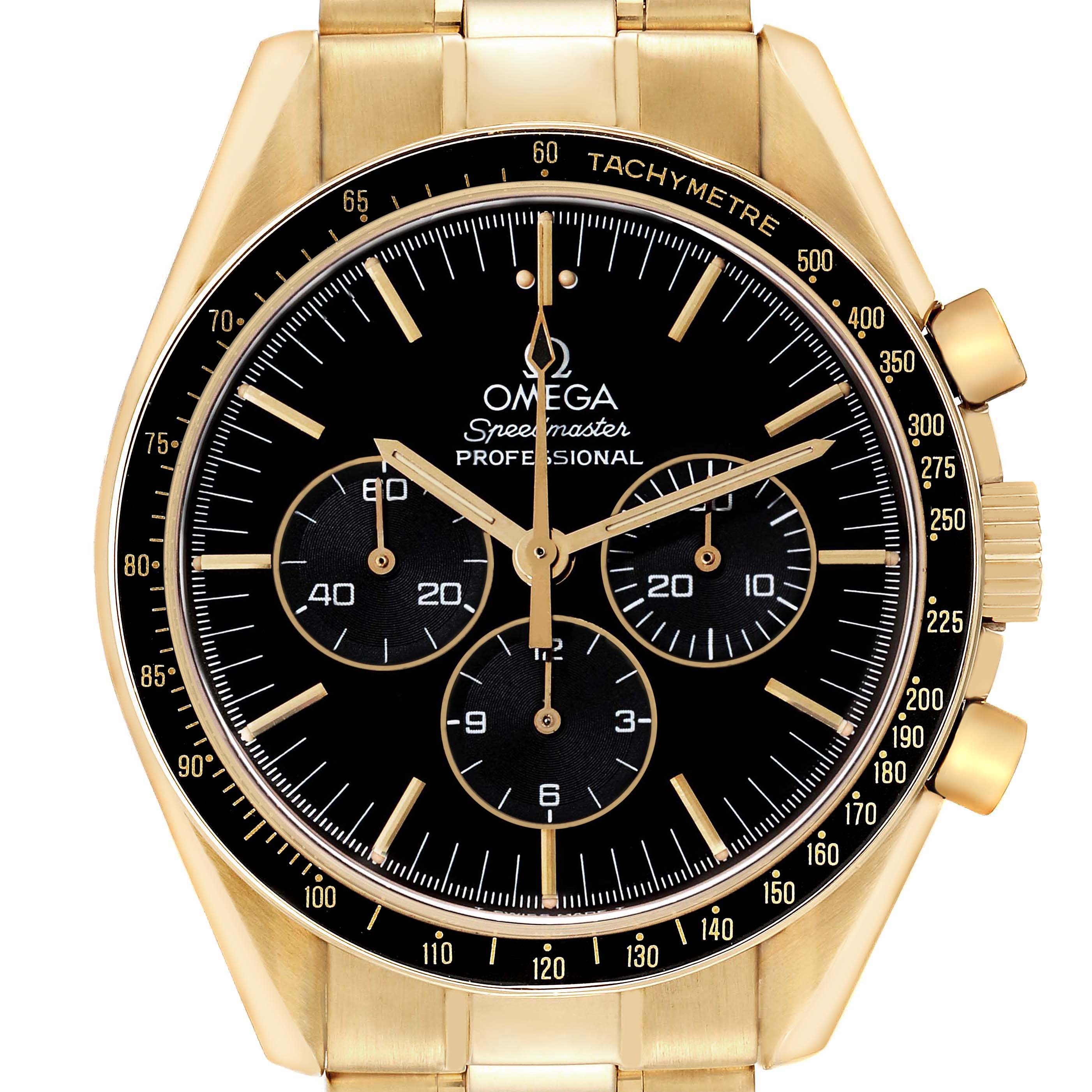 The image shows a front view of the Omega Speedmaster 3191.50 Men's Yellow Gold Black Dial 3191.50 Men's Yellow Gold Black Dial watch, highlighting its black dial, gold case, and tachymeter bezel.