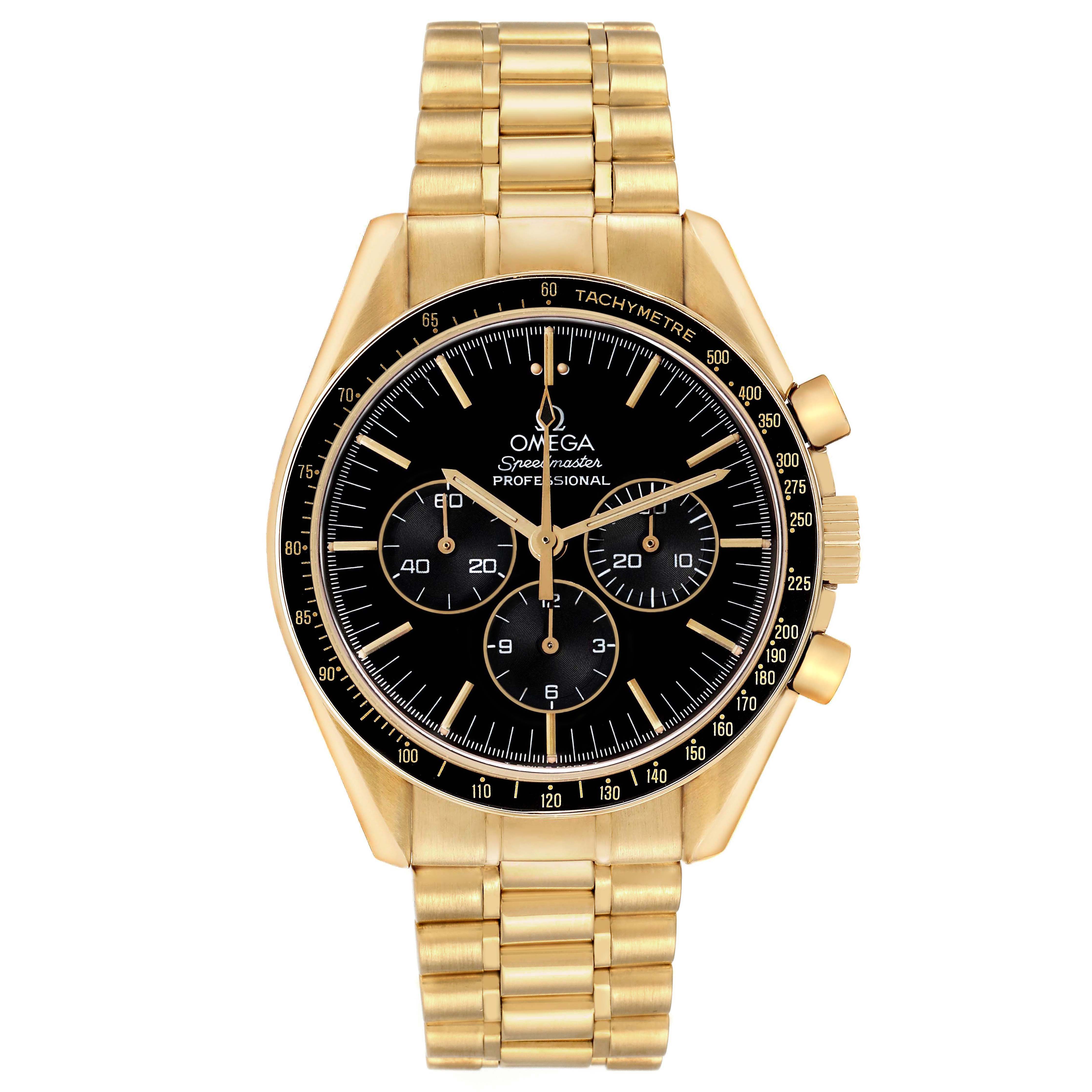 The Omega Speedmaster 3191.50.00 Men's Yellow Gold Black Dial watch is shown from a front angle, displaying its face, tachymetre bezel, pushers, and gold bracelet.