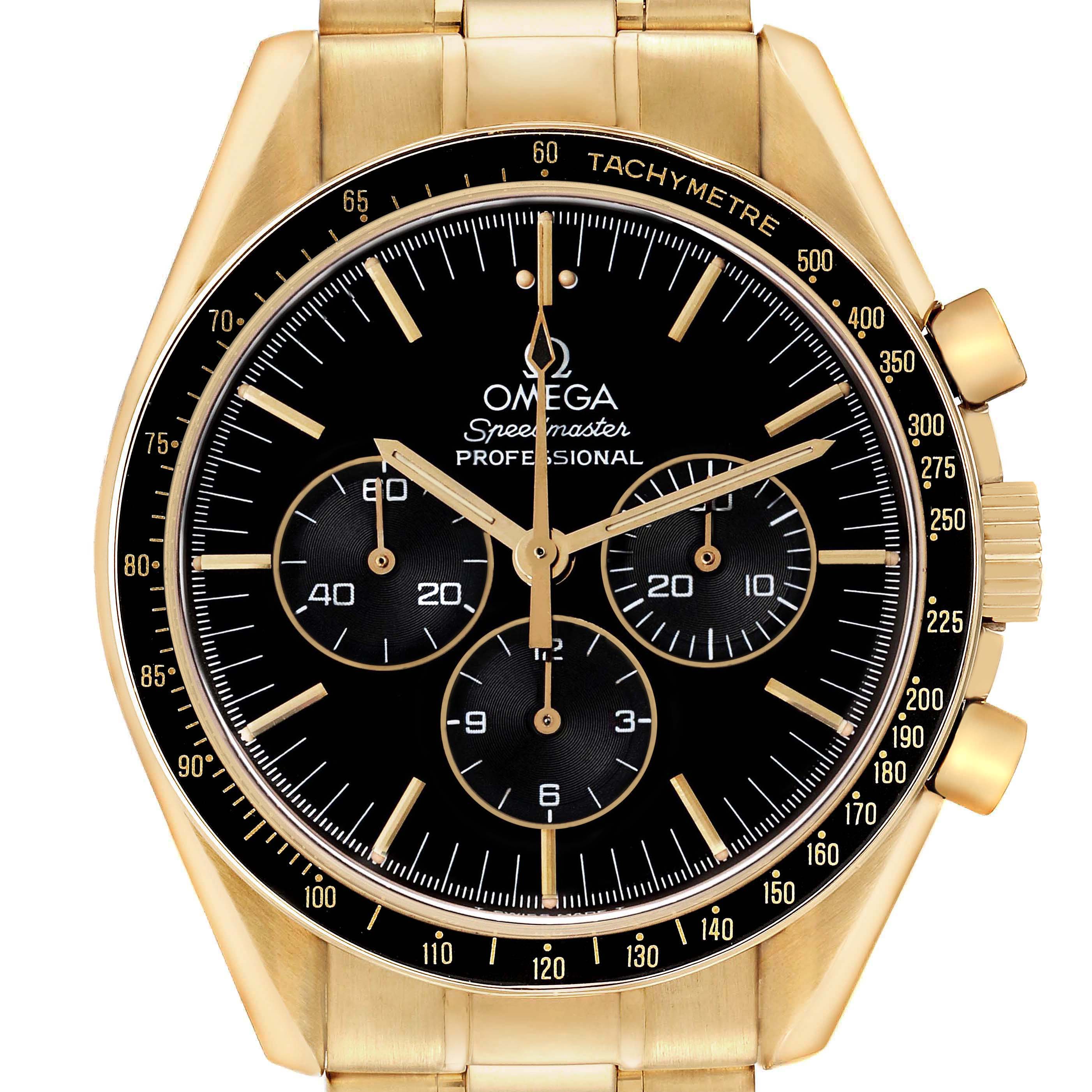 The Omega Speedmaster 3191.50.00 Men's Yellow Gold Black Dial watch is shown from the front, highlighting the dial, subdials, and tachymetre bezel.