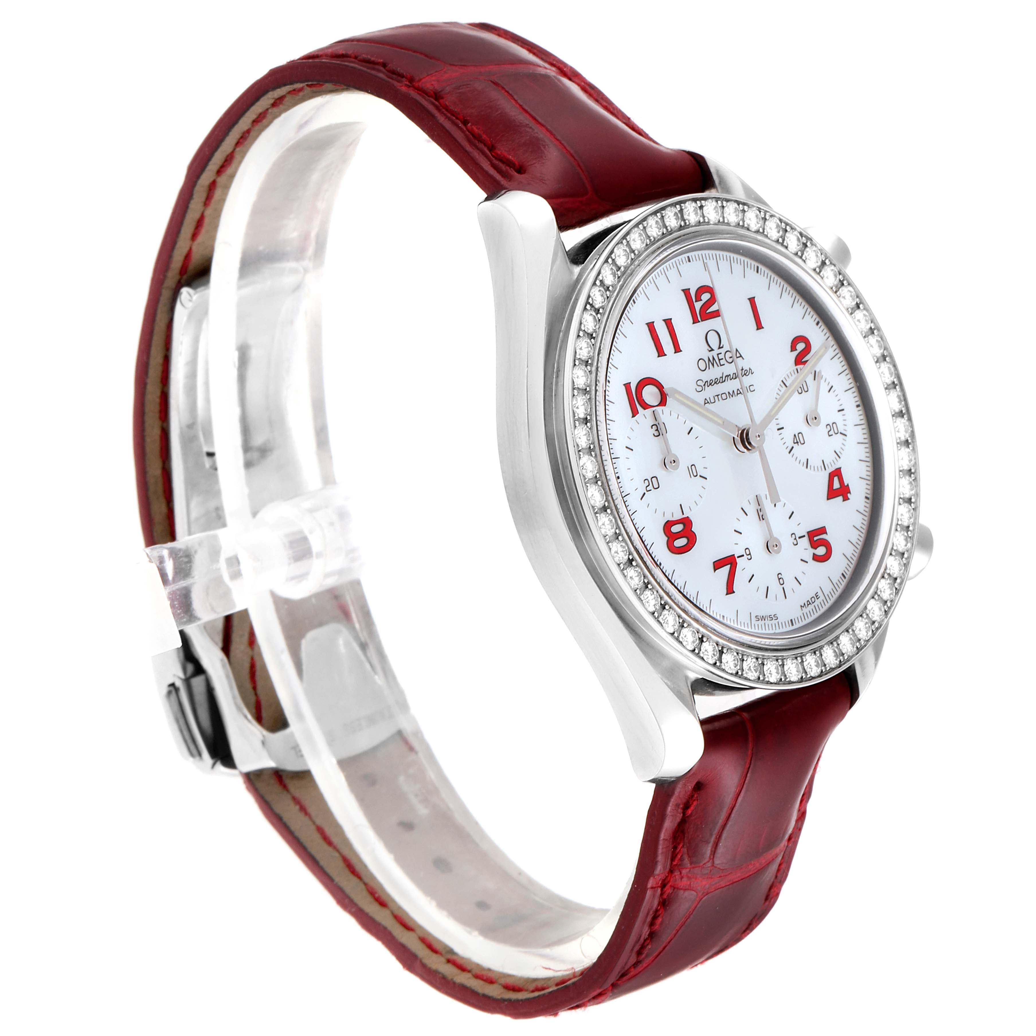 The Omega 3815.79.40 Women's Stainless Steel Mother of Pearl Dial 3815.79.40 Women's Stainless Steel Mother of Pearl Dial Speedmaster MOP Diamond Red Strap Ladies Watch 3815.79.40 is shown at a slight side angle highlighting the dial, bezel, and strap.