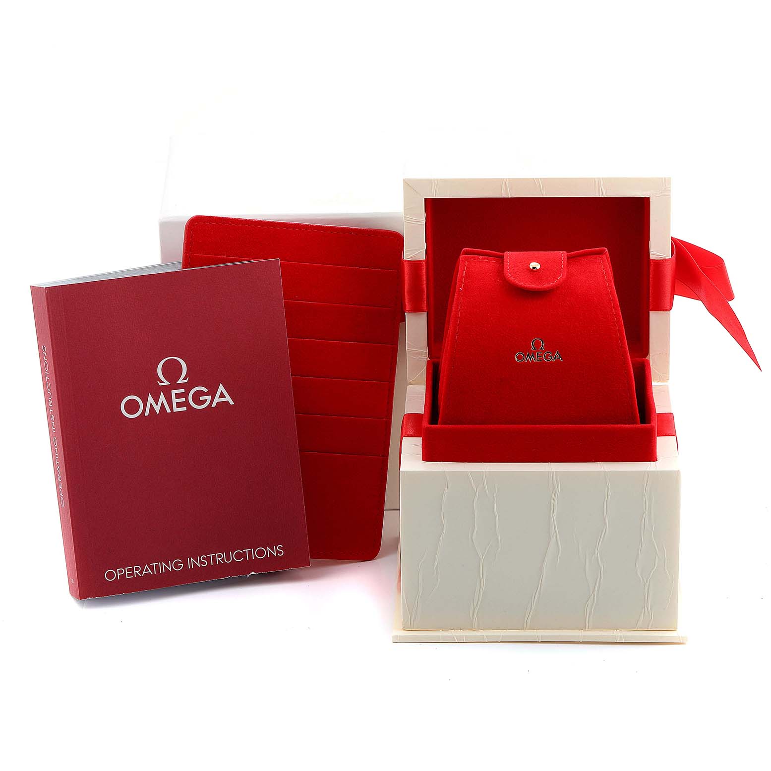 The image shows the packaging and accessories of the Omega 3815.79.40 Women's Stainless Steel Mother of Pearl Dial 3815.79.40 Women's Stainless Steel Mother of Pearl Dial Speedmaster MOP Diamond Red Strap Ladies Watch 3815.79.40, including the box and manual.