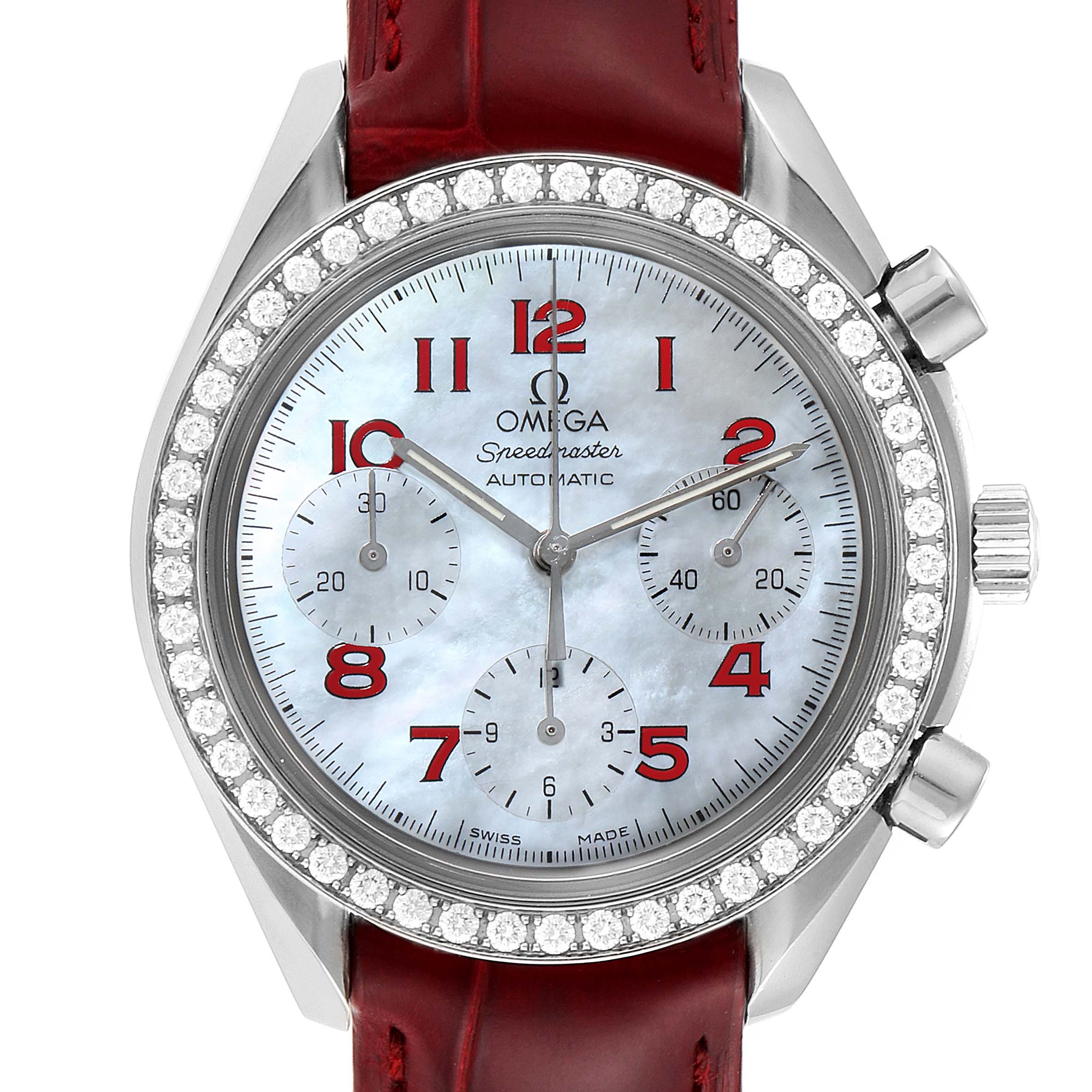 The image shows a front view of the Omega 3815.79.40 Women's Stainless Steel Mother of Pearl Dial 3815.79.40 Women's Stainless Steel Mother of Pearl Dial Speedmaster MOP Diamond Red Strap Ladies Watch 3815.79.40, highlighting its diamond bezel, dial, and red strap.