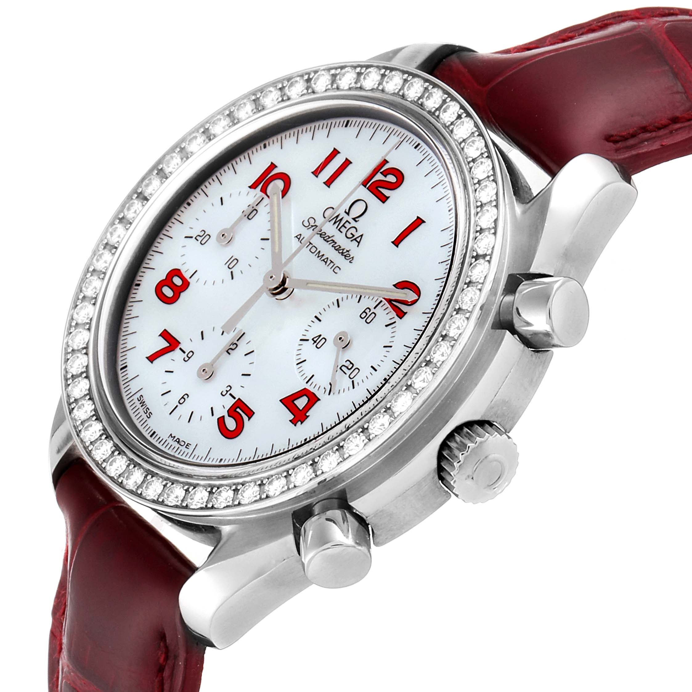 The image shows a close-up side angle of the Omega 3815.79.40 Women's Stainless Steel Mother of Pearl Dial 3815.79.40 Women's Stainless Steel Mother of Pearl Dial Speedmaster MOP Diamond Red Strap Ladies Watch, model 3815.79.40.