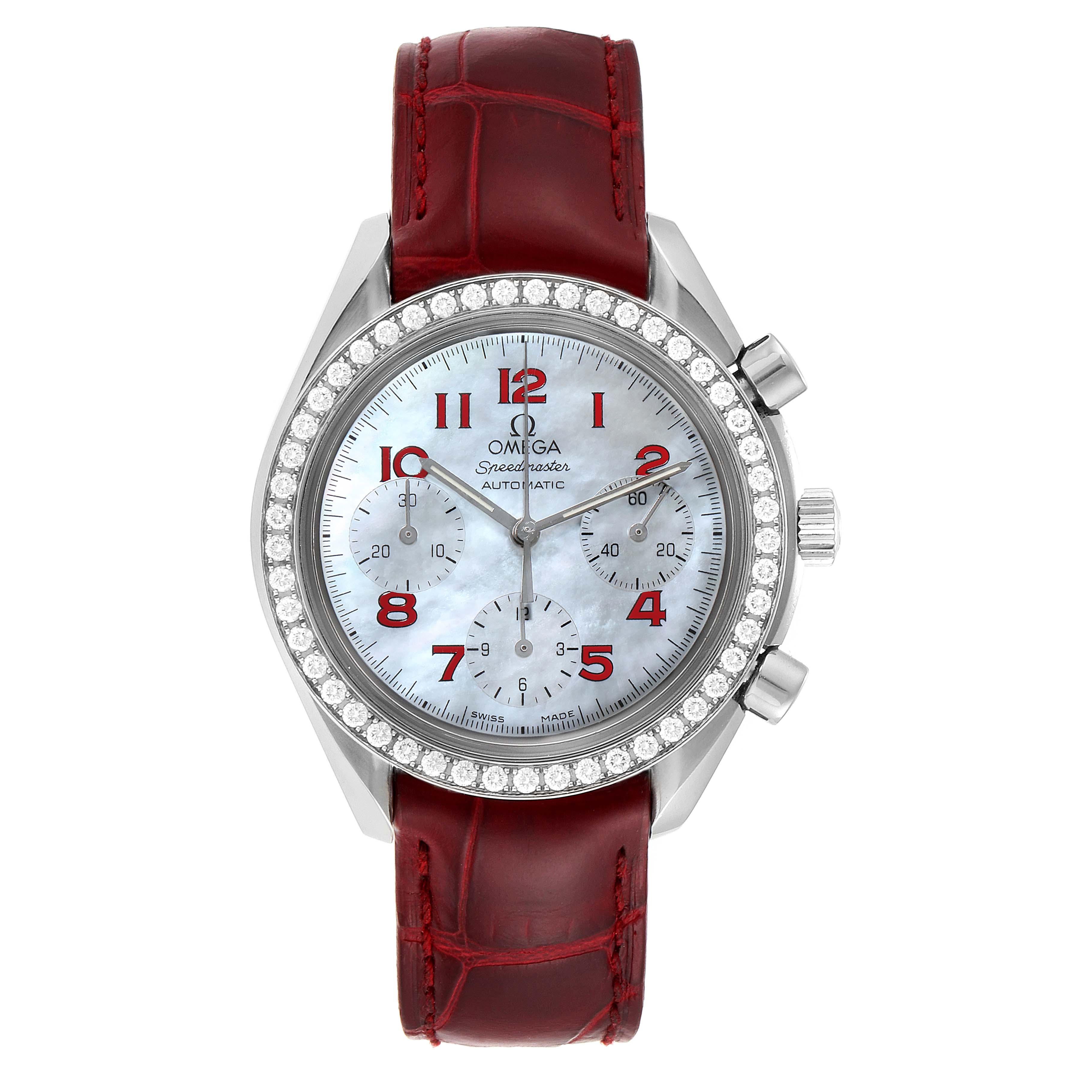 The Omega 3815.79.40 Women's Stainless Steel Mother of Pearl Dial 3815.79.40 Women's Stainless Steel Mother of Pearl Dial Speedmaster MOP Diamond Red Strap Ladies Watch model 3815.79.40 is shown from the front, featuring its dial, bezel, and strap.