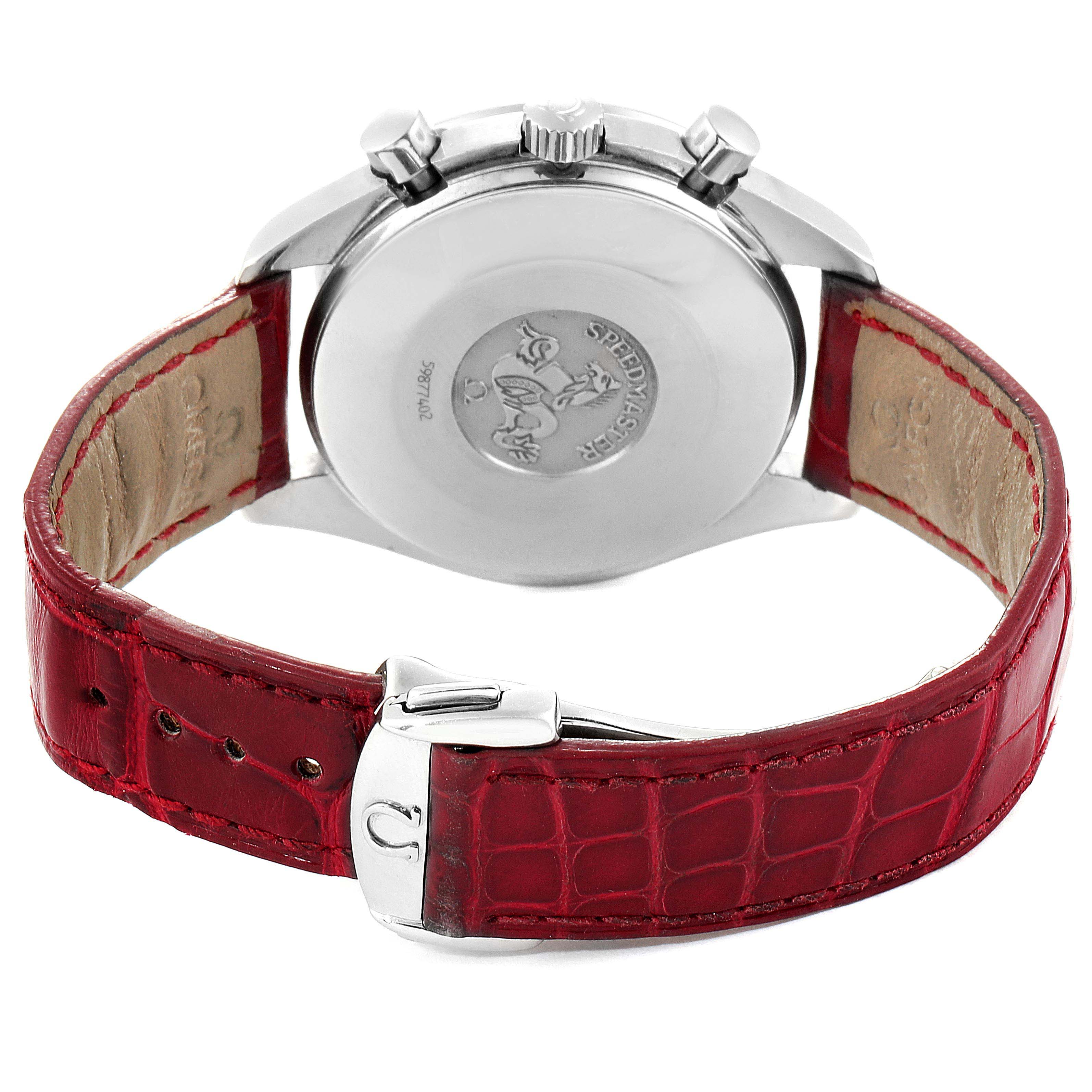 The image depicts the back view of the Omega 3815.79.40 Women's Stainless Steel Mother of Pearl Dial 3815.79.40 Women's Stainless Steel Mother of Pearl Dial Speedmaster MOP Diamond Red Strap Ladies Watch 3815.79.40.
