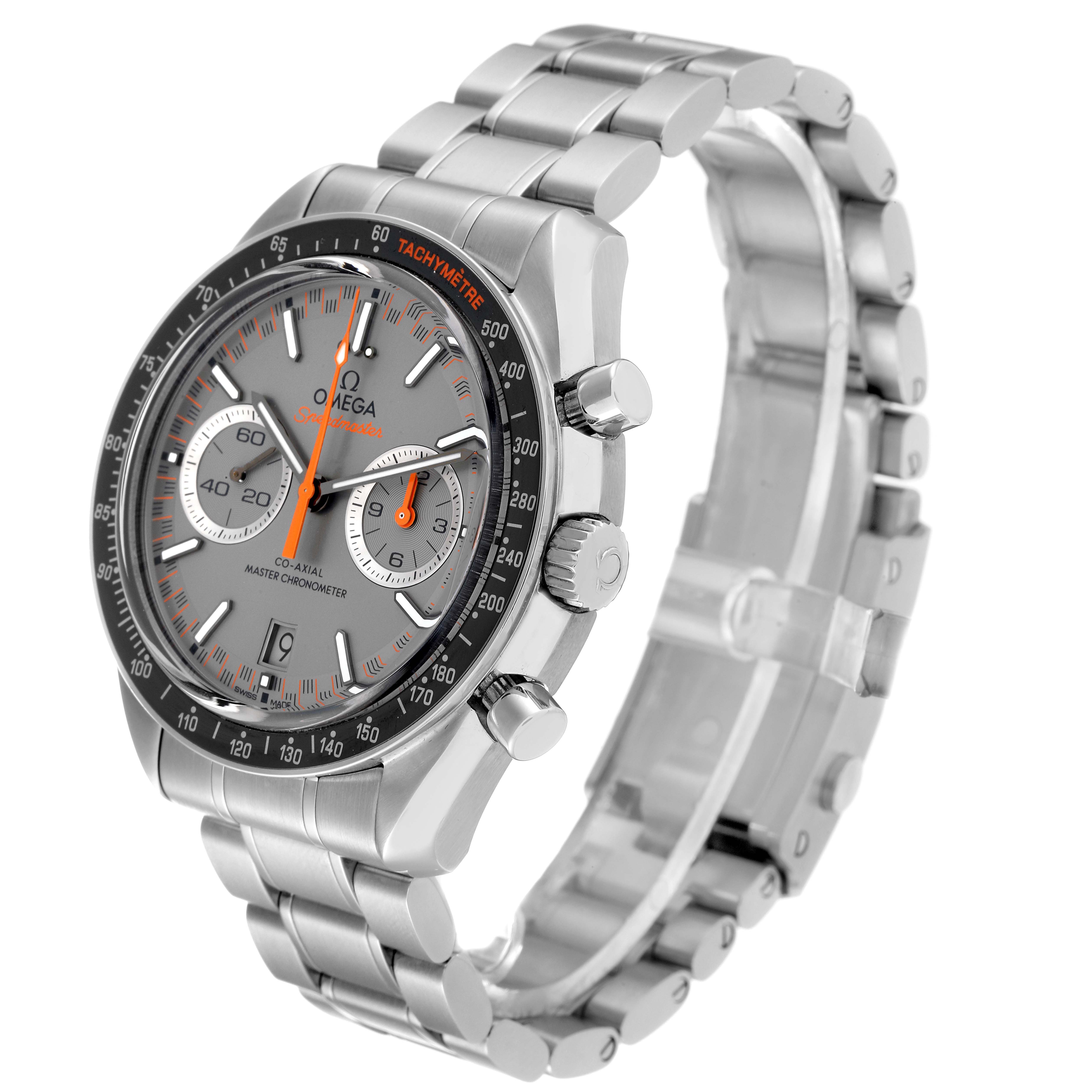 The Omega Speedmaster 329.30.44.51.06.001 Men's Stainless Steel Grey Dial 329.30.44.51.06.001 Men's Stainless Steel Grey Dial watch is shown at a 3/4 angle highlighting the dial, bezel, and bracelet.