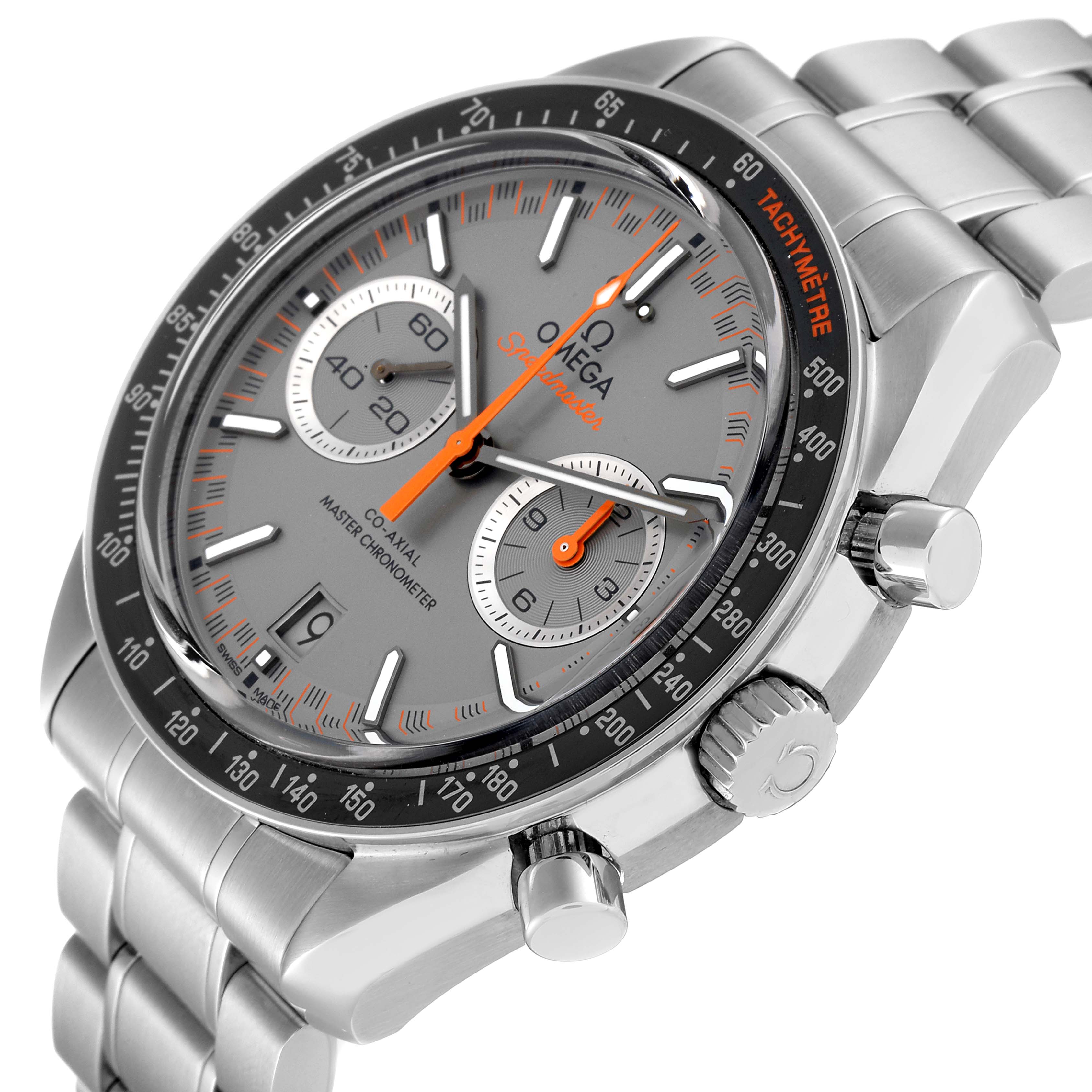 The image shows an angled close-up of an Omega Speedmaster 329.30.44.51.06.001 Men's Stainless Steel Grey Dial 329.30.44.51.06.001 Men's Stainless Steel Grey Dial watch, highlighting the dial, chronograph subdials, and part of the bracelet.