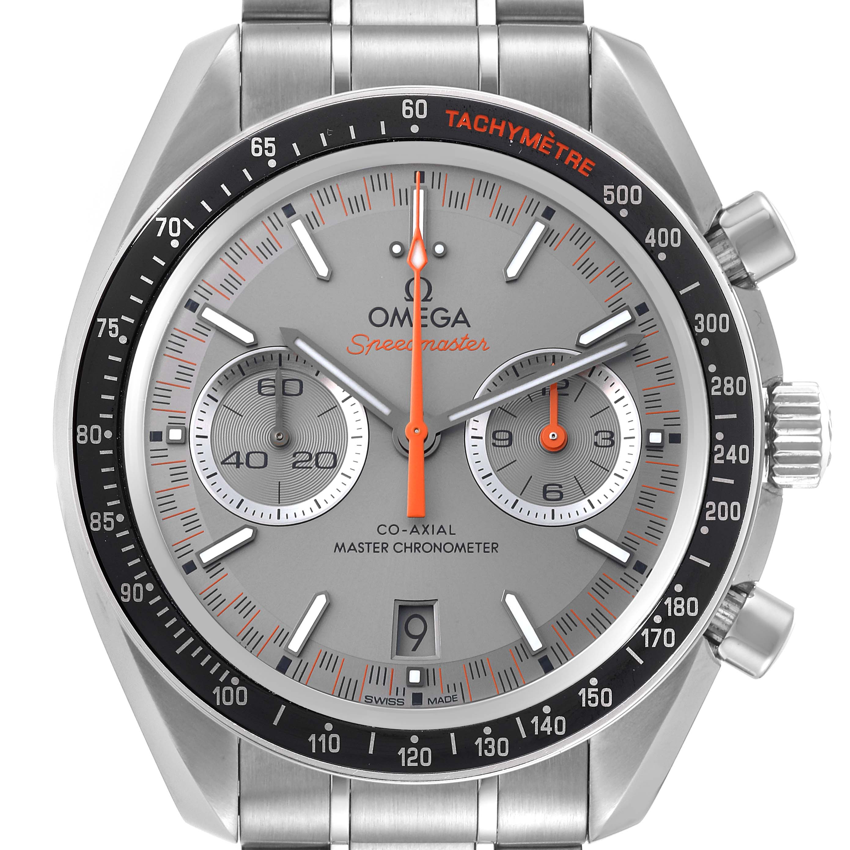 This image shows a front view of the Omega Speedmaster 329.30.44.51.06.001 Men's Stainless Steel Grey Dial 329.30.44.51.06.001 Men's Stainless Steel Grey Dial watch, highlighting its dial, tachymeter bezel, and chronograph sub-dials.