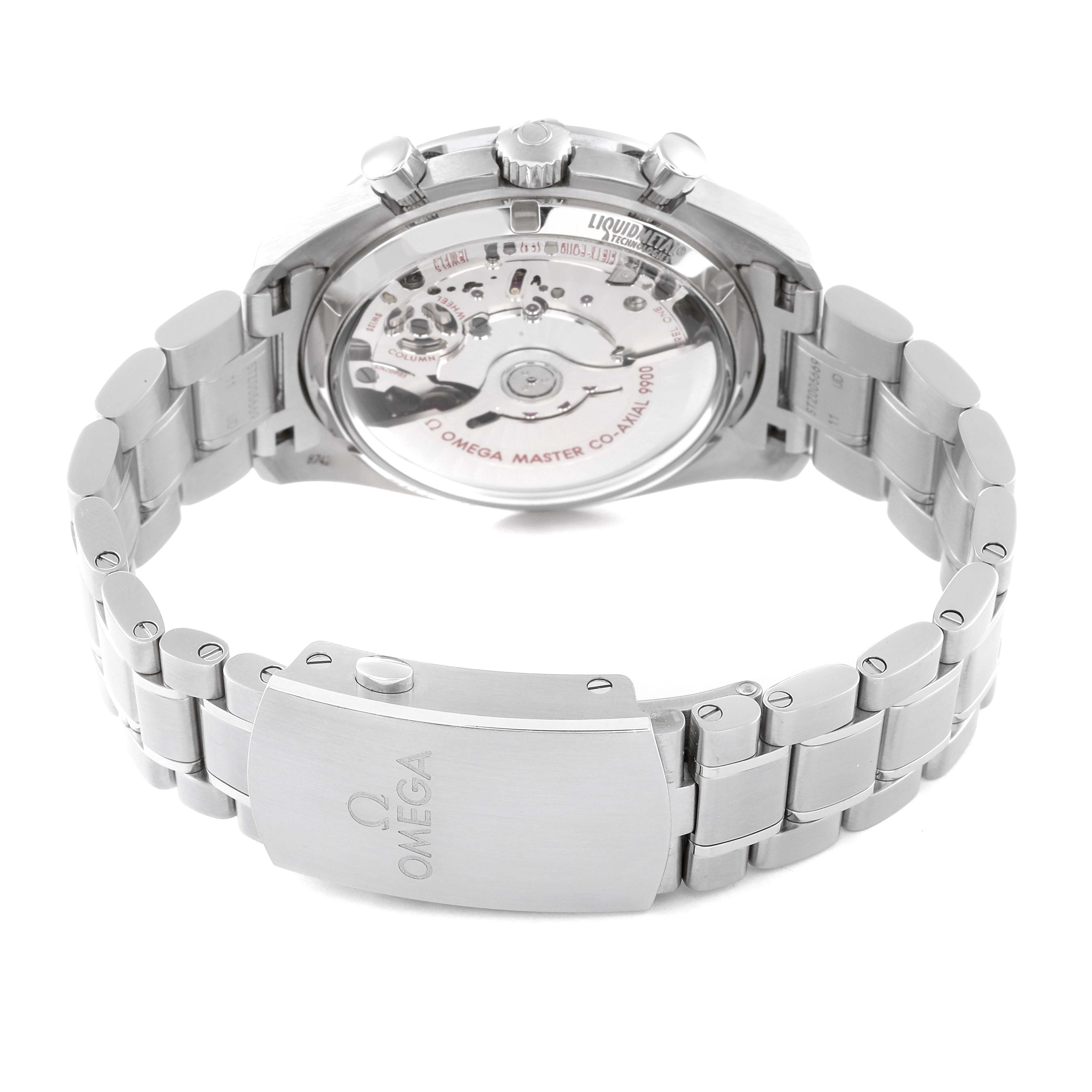 The image shows the back view of the Omega Speedmaster 329.30.44.51.06.001 Men's Stainless Steel Grey Dial 329.30.44.51.06.001 Men's Stainless Steel Grey Dial watch, highlighting its case back and bracelet.