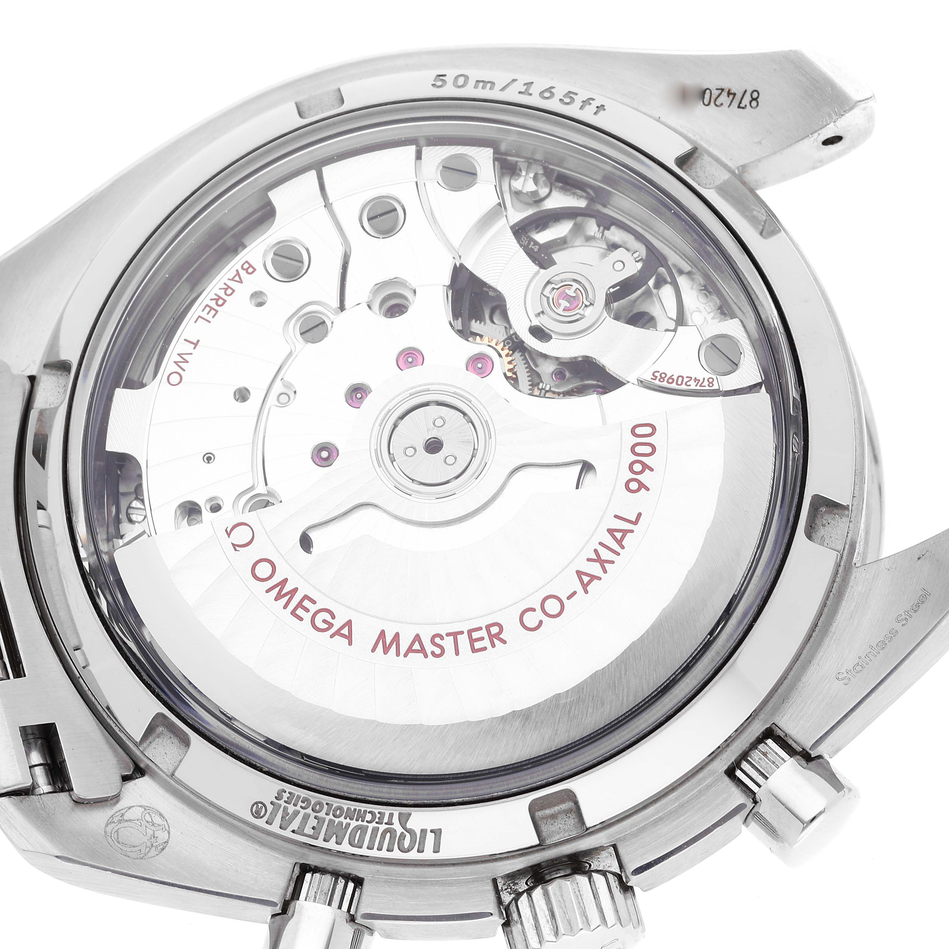 The image shows the back view of an Omega Speedmaster 329.30.44.51.06.001 Men's Stainless Steel Grey Dial 329.30.44.51.06.001 Men's Stainless Steel Grey Dial watch, highlighting its movement and the transparent case back.