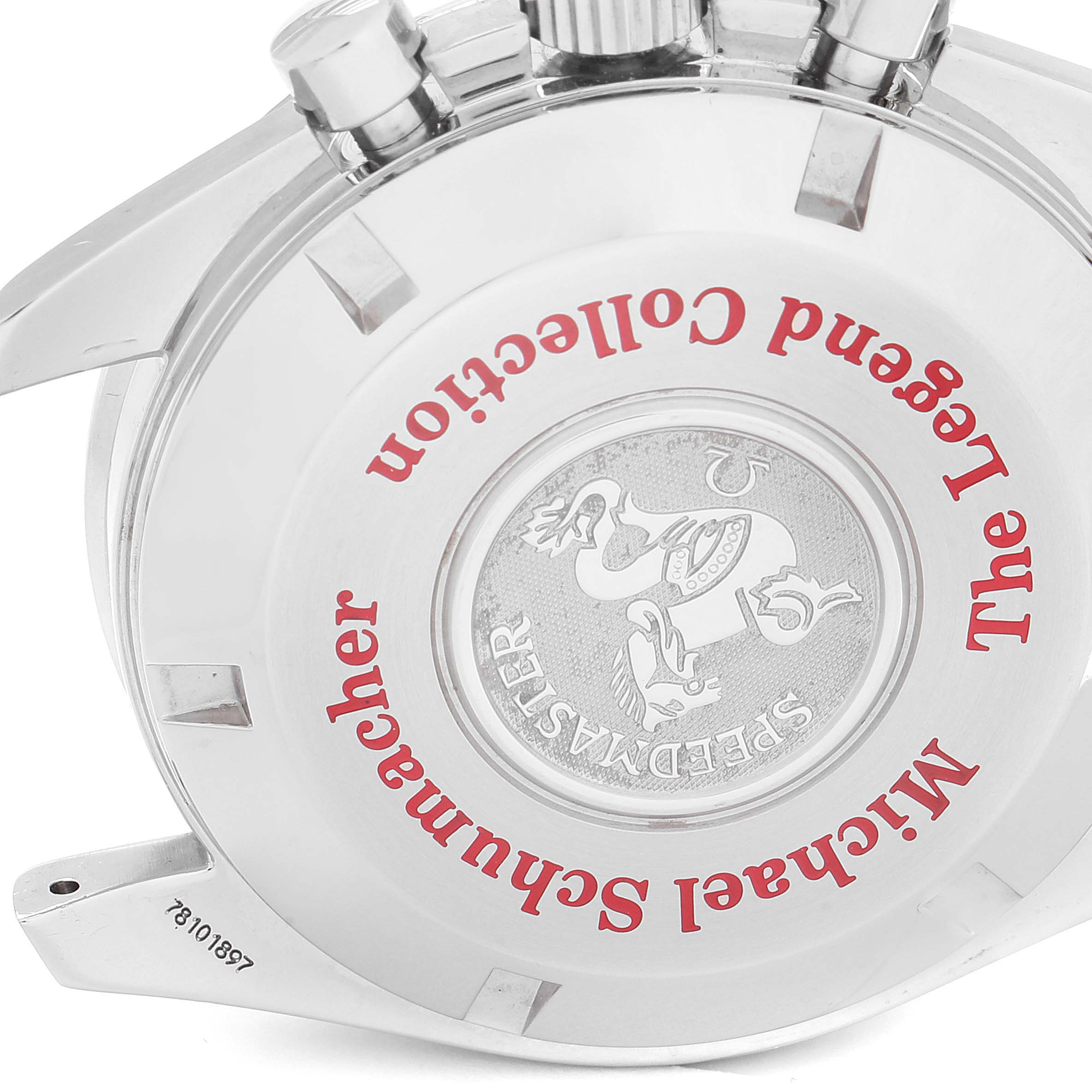 The image shows the case back of an Omega Speedmaster 3507.51.00 Men's Stainless Steel Black Dial 3507.51.00 Men's Stainless Steel Black Dial, highlighting the engravings and emblem.