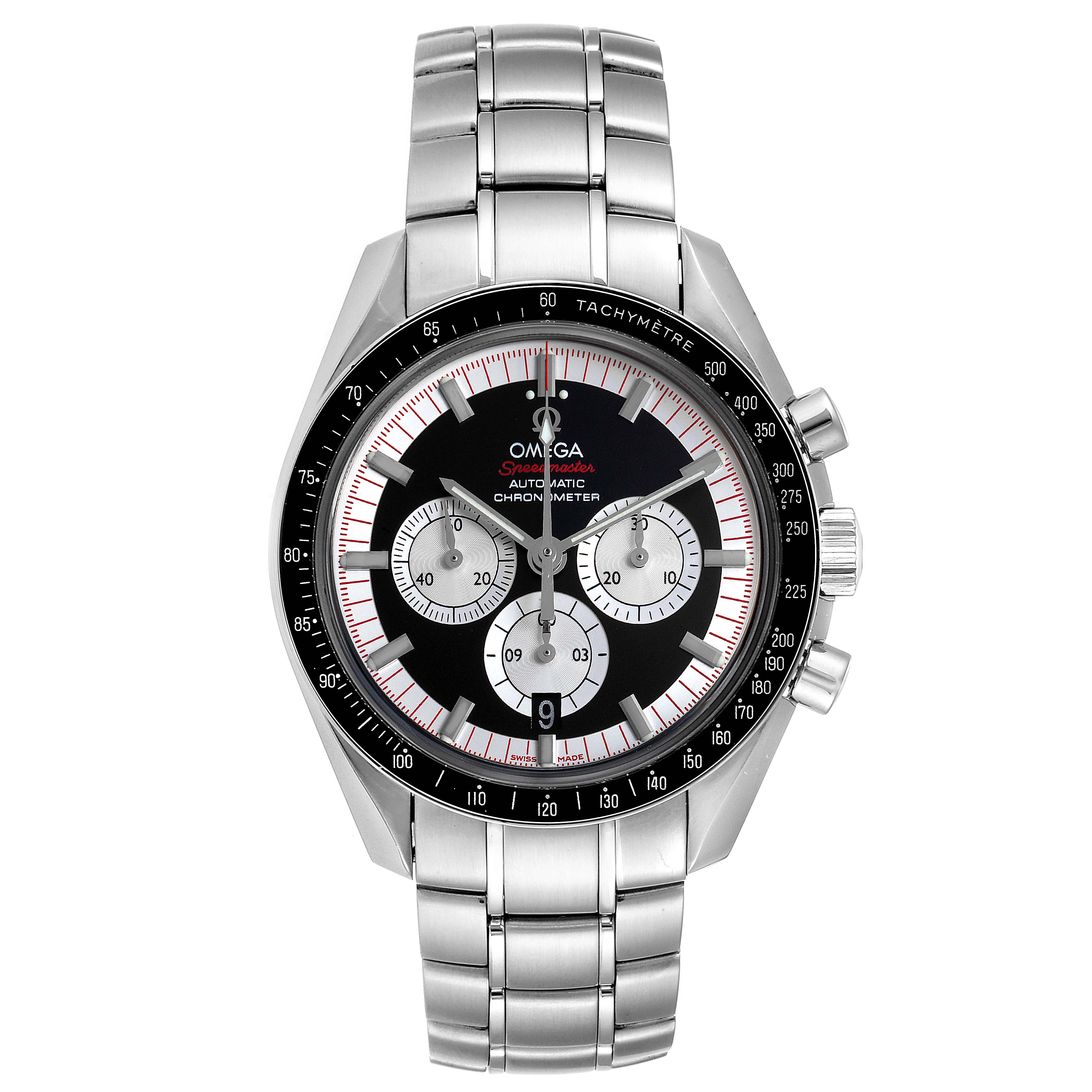 The image shows a frontal view of an Omega Speedmaster 3507.51.00 Men's Stainless Steel Black Dial 3507.51.00 Men's Stainless Steel Black Dial watch, highlighting its dial, subdials, bezel, and metal bracelet.